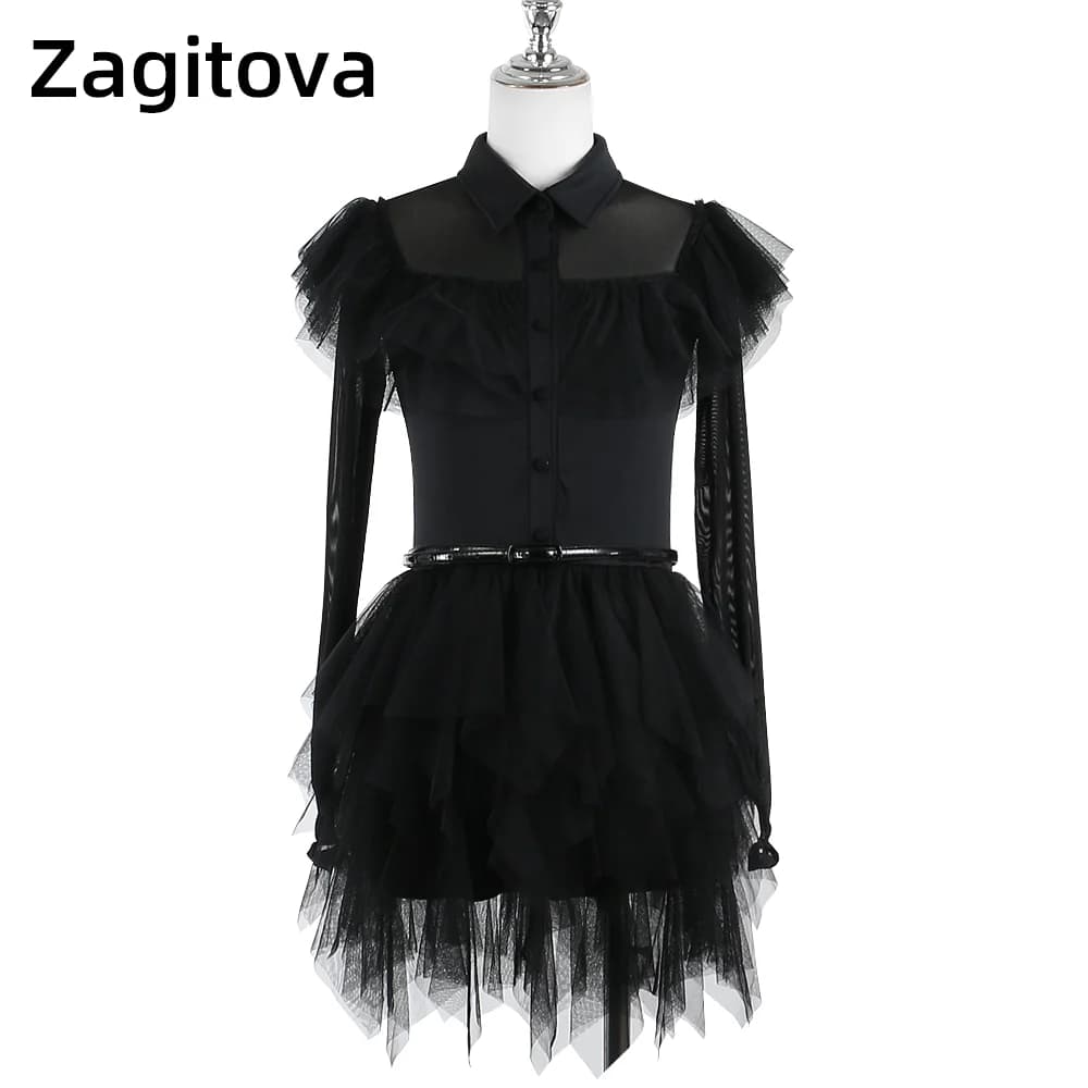 ZAGITOVA Abito da pattinaggio di figura Donna Ragazza Gonna da pattinaggio su ghiaccio Gonna in rete nera Costume Halloween La famiglia Addams