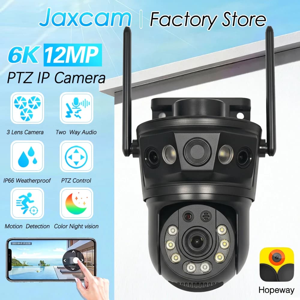 Telecamera IP PTZ WiFi 6K 12MP con 3 Obiettivi, Impermeabile per Esterni, Tracciamento Automatico, Sorveglianza di Sicurezza Wireless CCTV con Audio Bidirezionale