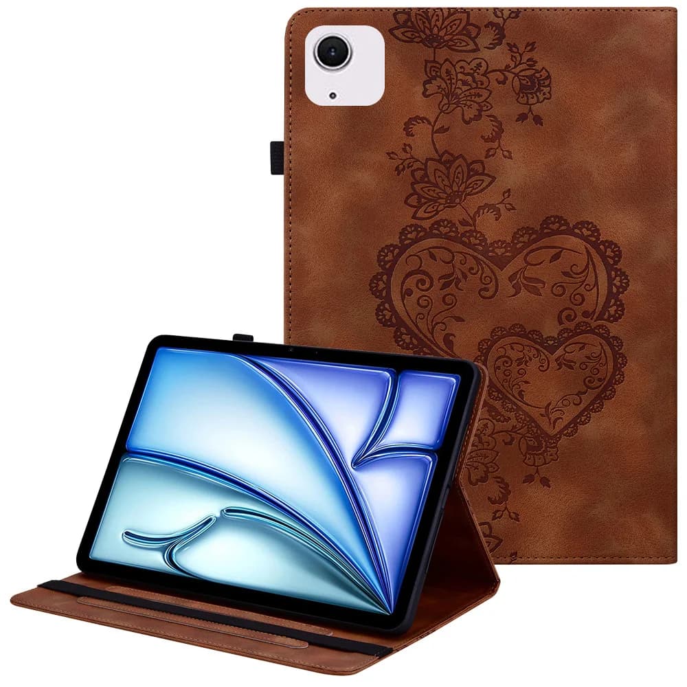 For iPad Air 11 (2026) / (2025) / (2024) Leather Case Heart Imprint Foldable Stand Card Slot Stylus Holder Tablet Cover - Brown