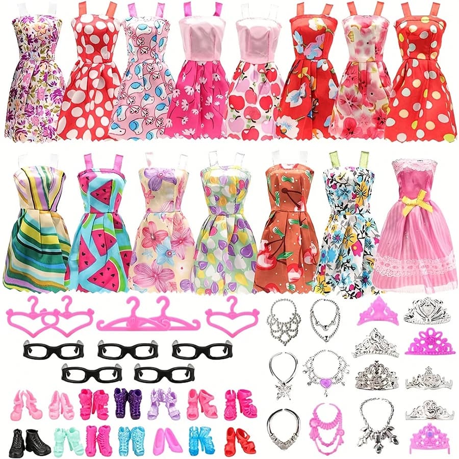 Set di 42 Accessori per Vestiti di Bambole da 11 Pollici: 10 Abiti Eleganti, 10 Paia di Scarpe, 6 Collane, 6 Corone, 5 Occhiali, 5 Appendiabiti