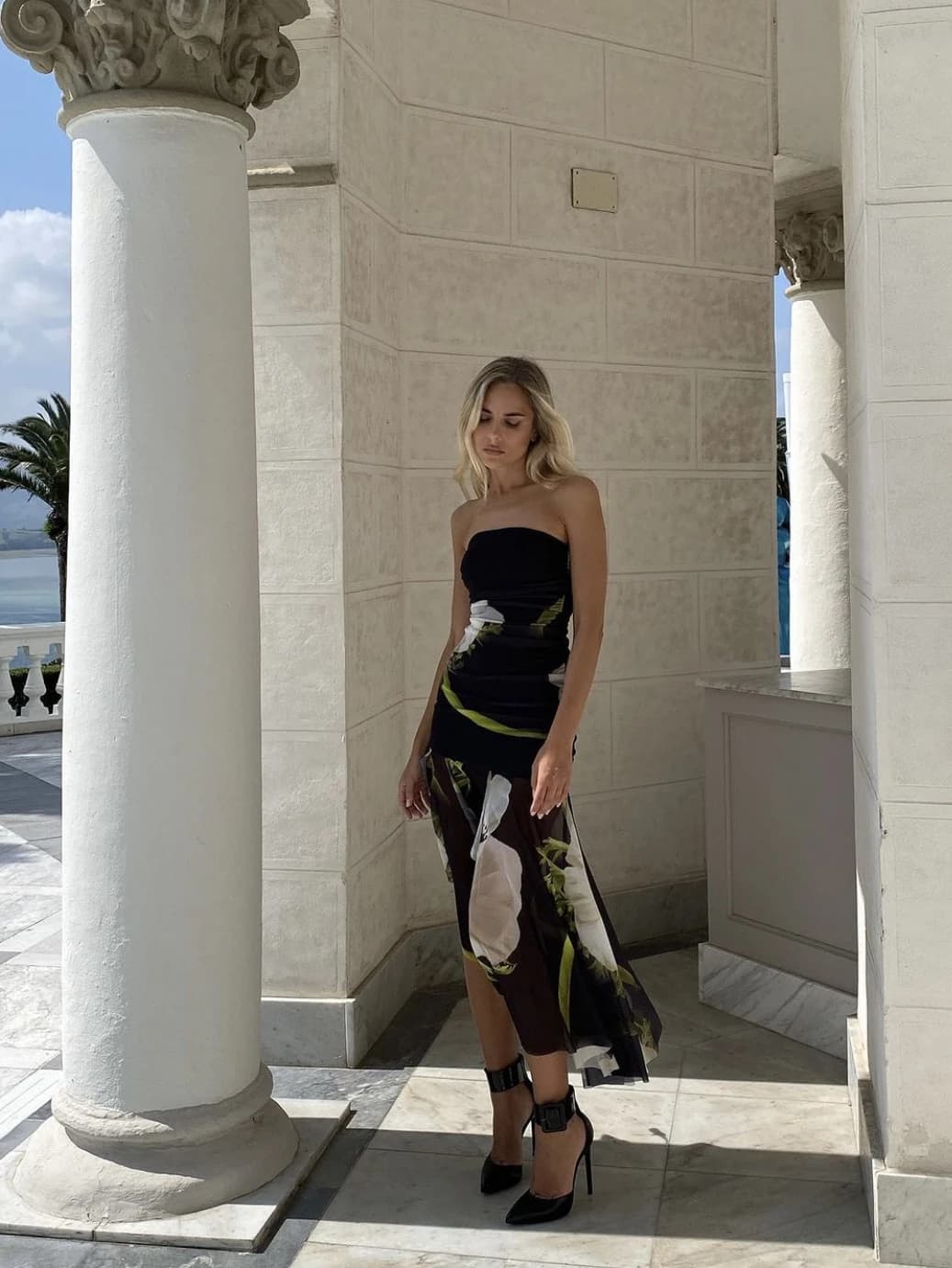 ZHAOLIN Santander Oil Painting Design Off-Shoulder Midi Dress Beach Vacation Net Shirt Tube Dress Summer Season High Waist