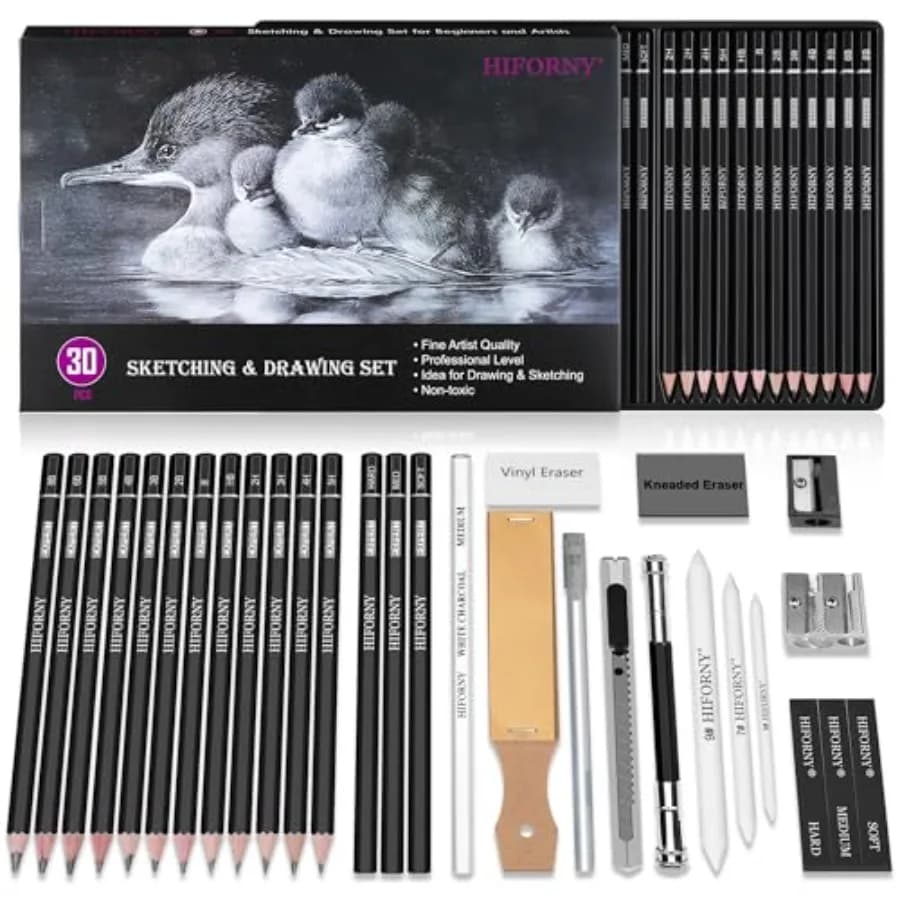 30 PCS Sketching Drawing Pencil Set, Sketch Pencils Art Supplies with Graphite, Charcoal, Blending Tools, Accessories, Drawing