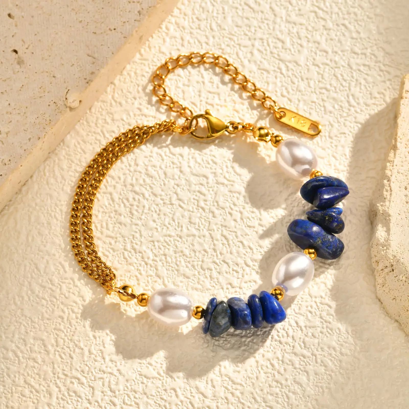 Bracciale con perle finte lapislazzuli a catena di macinazione per donna, bracciali in acciaio inossidabile con catena color oro, regalo di gioielli alla moda
