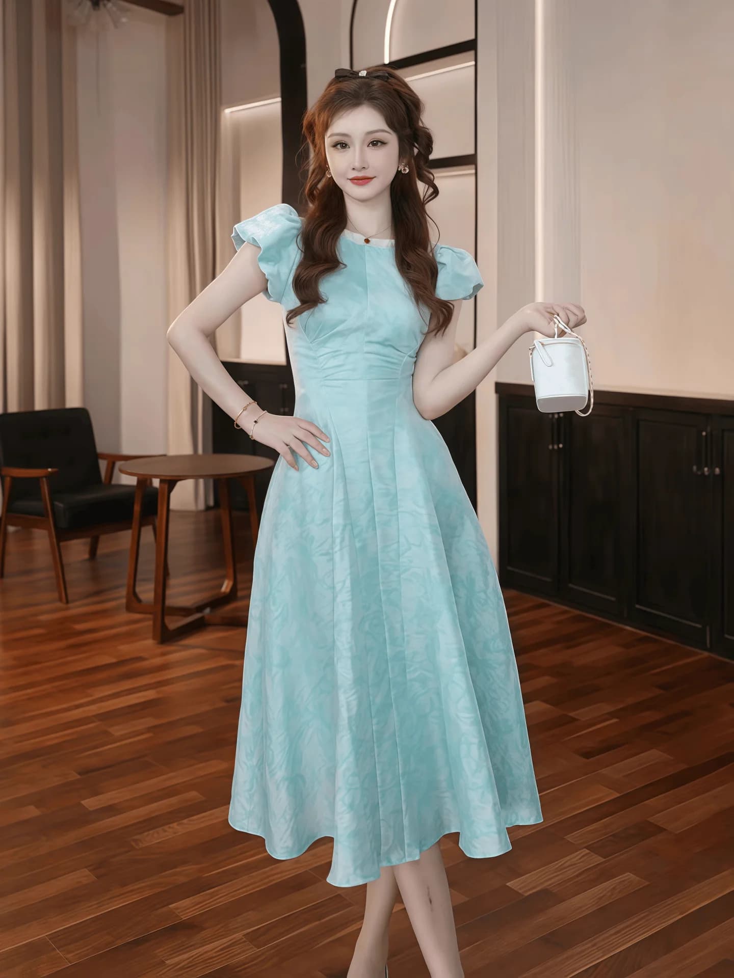 Elegant A-Line Dress Women's Slimming Waist Short Sleeve Zipper Style Midi Length Gown Beautiful Flying Sleeve Elegant Dress