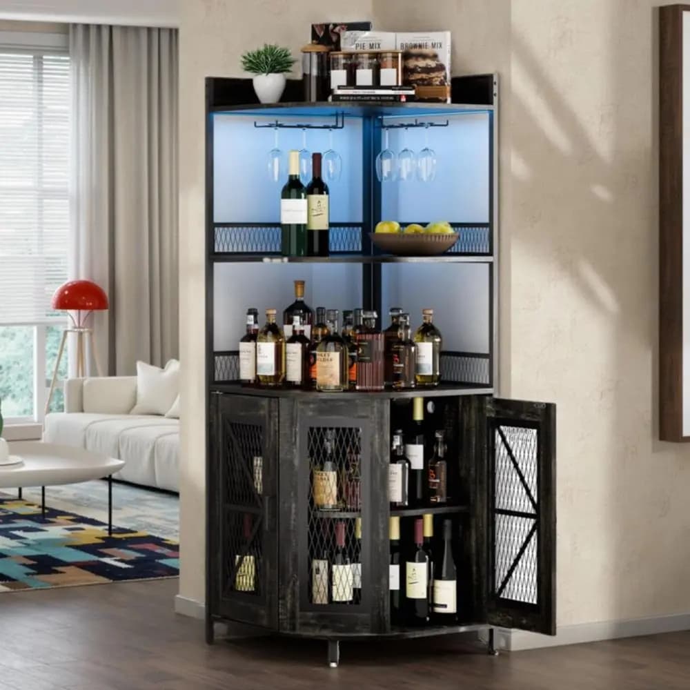 Mobile Bar a 5 Ripiani con Presa di Corrente, Armadio Vetrina Industriale Alto 64 Pollici con Luci LED e Portabicchieri, Mobile Liquori con Spazio di Stoccaggio