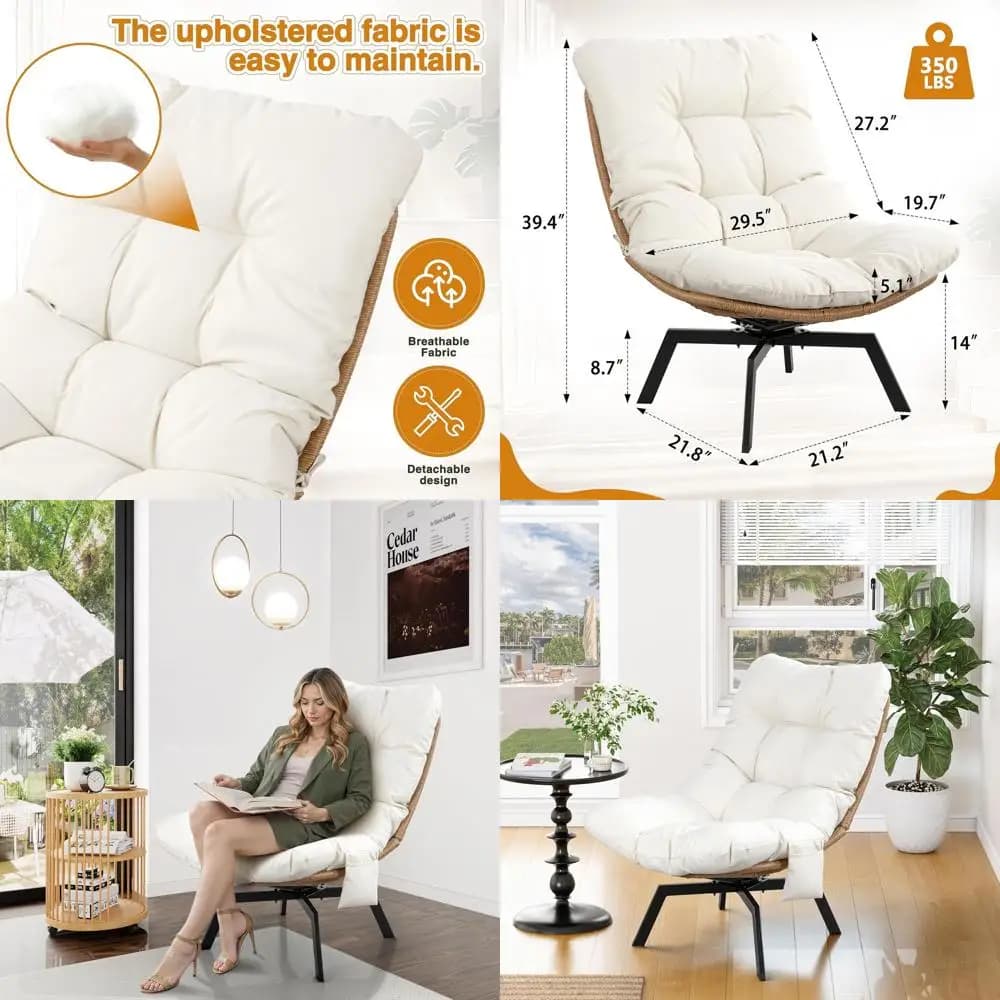 Outdoor swivel rattan chair with beige cushion, 360 ° Patio furniture Garden, Balcony or Living space