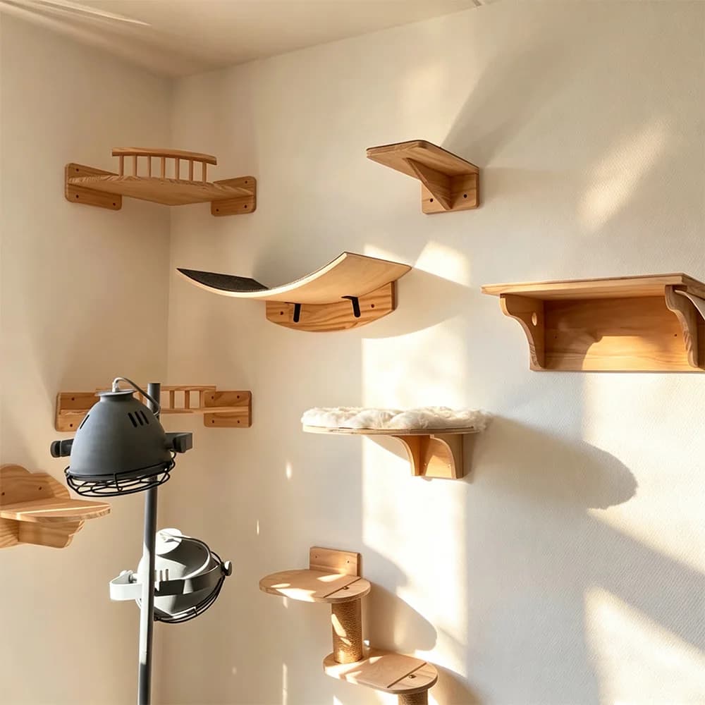 Wall-Mounted Cat Climbing Ladder Treads Solid Wood Suspension Bridge Cat Furniture with Sisal Rope for Cats Play and Exercise