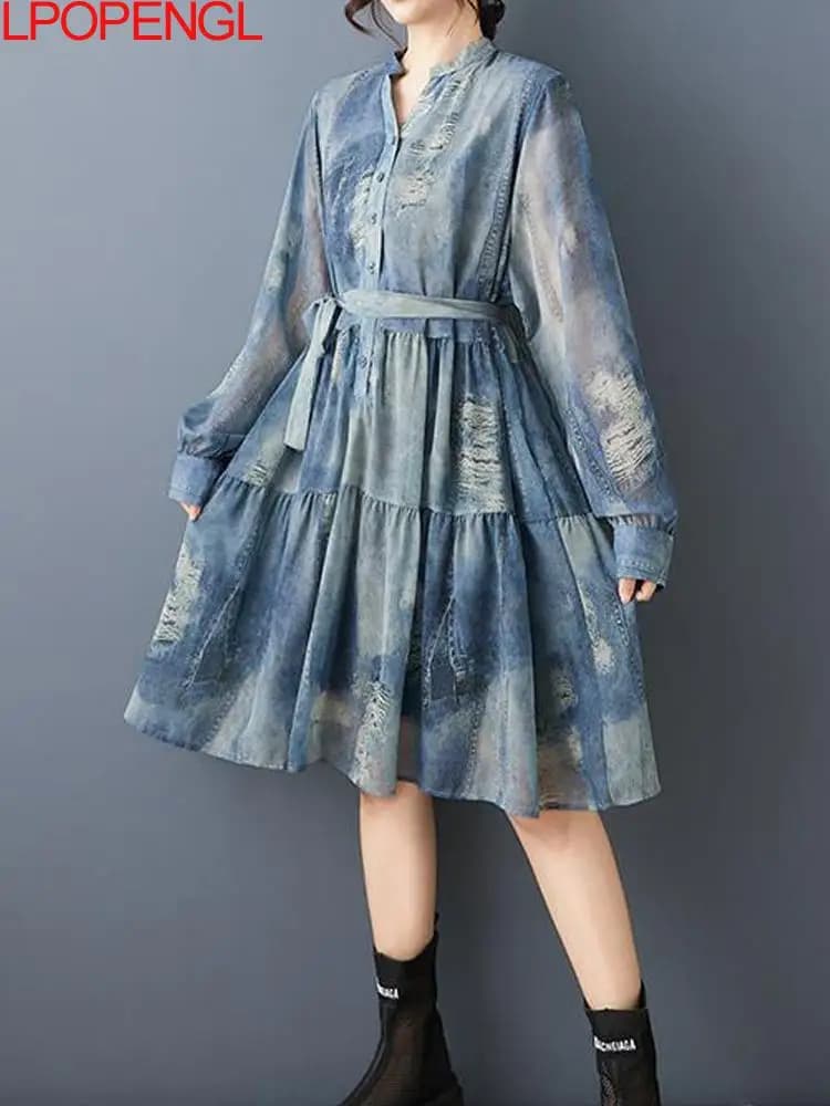 Abito da donna primaverile ed estivo, nuovo, ampio, vintage, alla moda, stampato, plissettato, patchwork, a maniche lunghe, pullover, lunghezza al ginocchio, con scollo a V