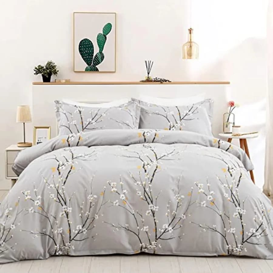 Set copripiumino grigio chiaro, set biancheria da letto stampato con fiori di prugna, con 1 federa, set copripiumino in morbida microfibra da 3 pezzi.