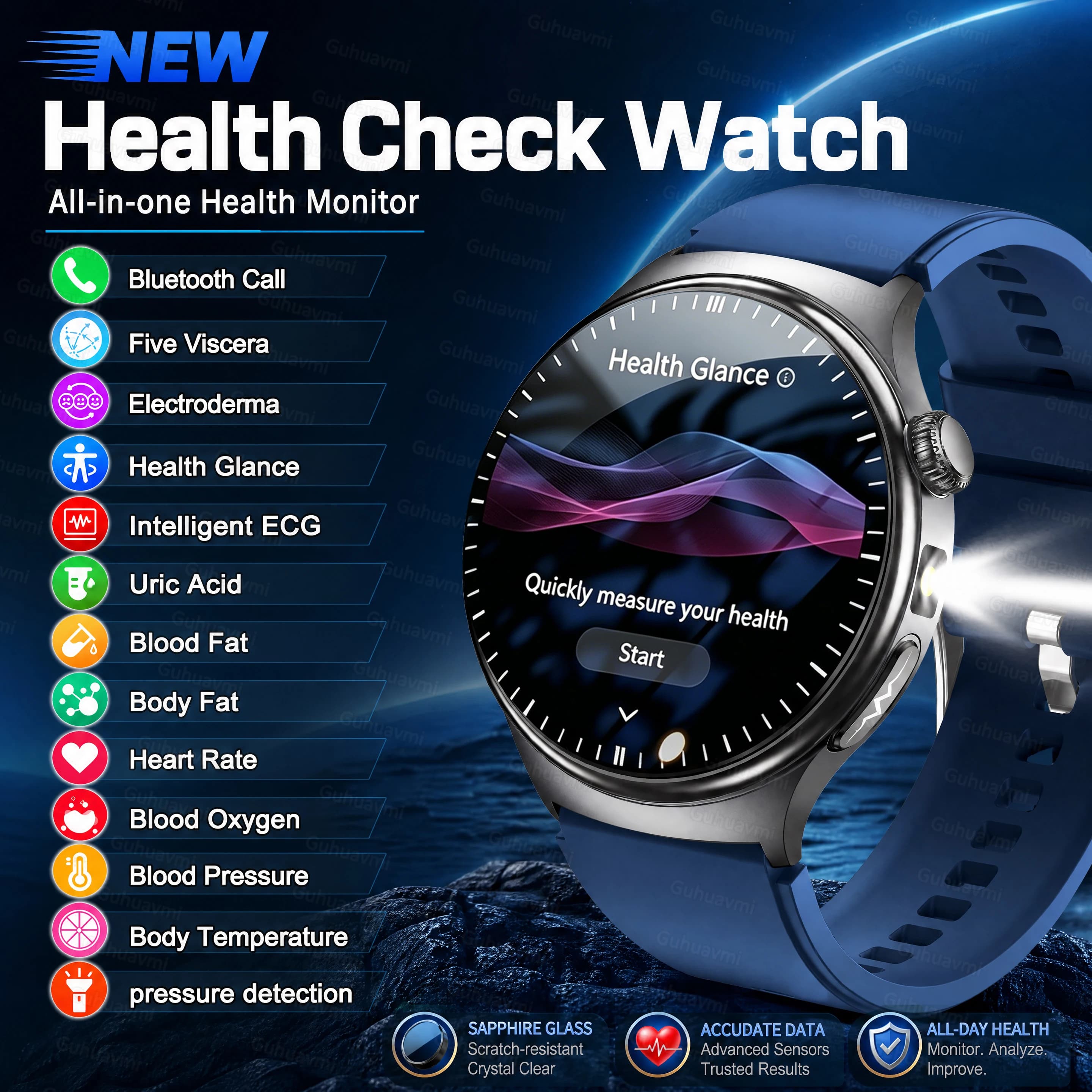 2026New All-in-one Health Check SmartWatch ECG Uric Acid Blood Fat SpO2 Temperature Multi Health Monitoring Smartwatch Men Women