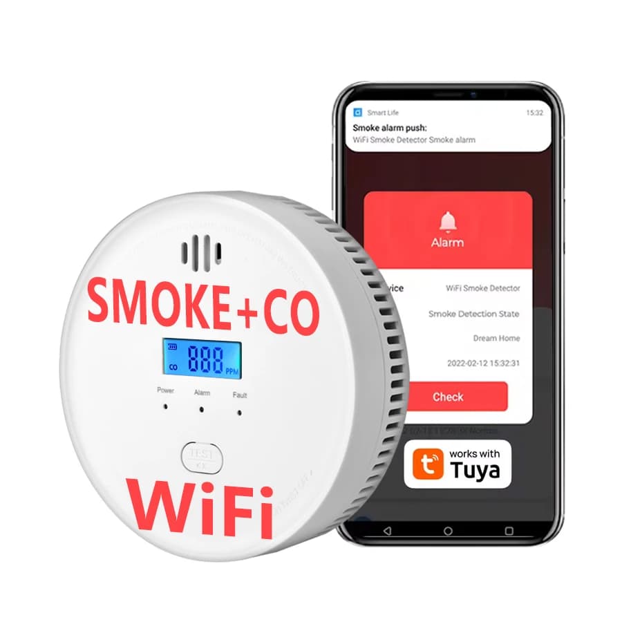 Tuya 3 anni Batteria 2 in 1 WiFi Tuya Smart Rilevatore di monossido di carbonio Allarme 85dB Avviso sonoro Display digitale LCD Casa interna