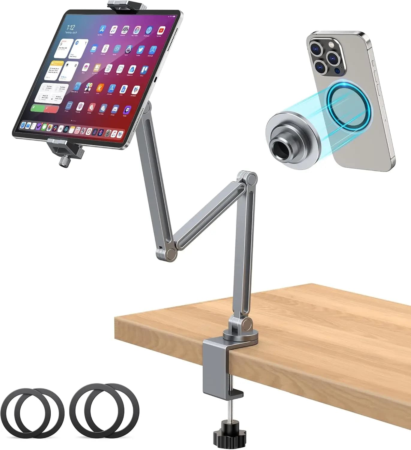 Supporto per tablet regolabile 2 in 1 con morsetto e testa magnetica, adatto per iPad, Galaxy Tab e telefoni da 4,7'' a 13'', per uso su scrivania o letto
