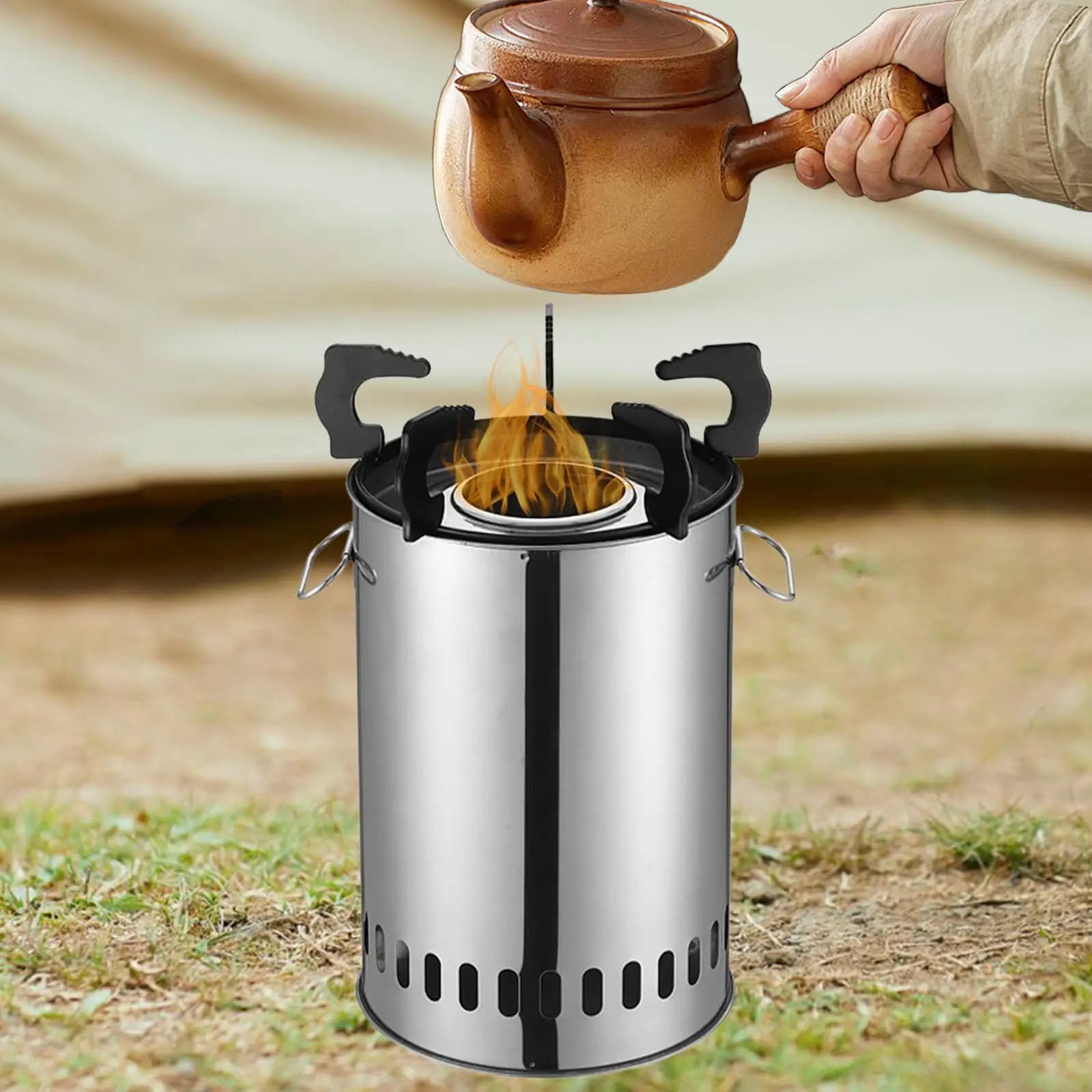 Outdoor Camping Furnace Stainless Steel Wood Burning Stove Compact Windproof Cookware for Camp Backpacking