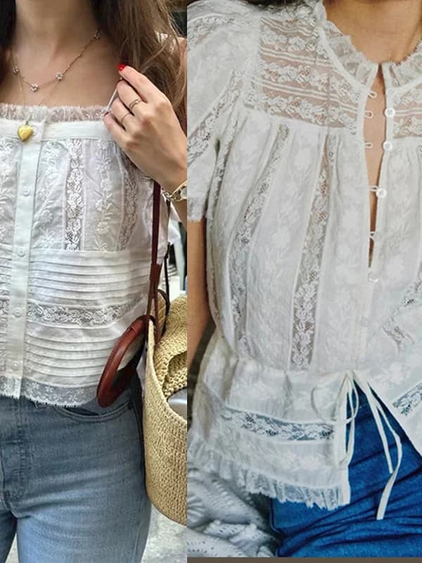 White Cotton Lace Patchwork Short Sleeve Shirt Women's Summer Breathable Embroidered Flower Top Belted Waist Halter Neck