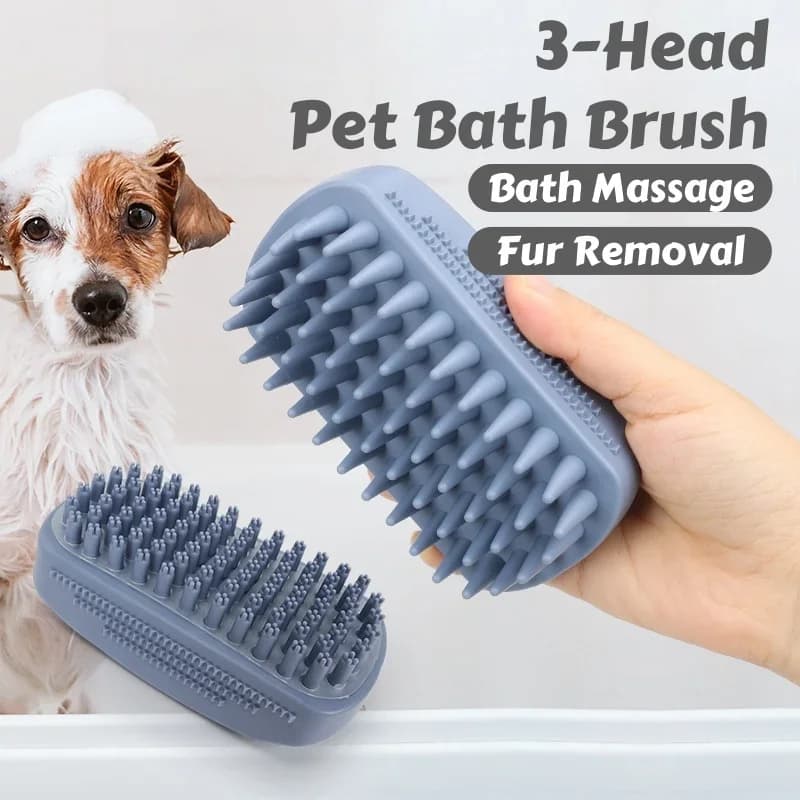 Spazzola per massaggio da bagno in silicone a 3 teste con rimozione della pelliccia per gatti/cani - Collega il 96% peli bagnati durante il lavaggio - Strumento per toelettatura