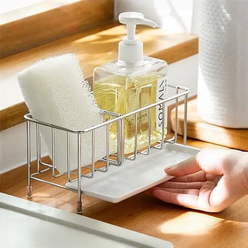 Adjustable 304 Stainless Steel Sink Drain Rack-Kitchen Household Storage Rack for Steel Wire Ball Long Brush Cloth Organization