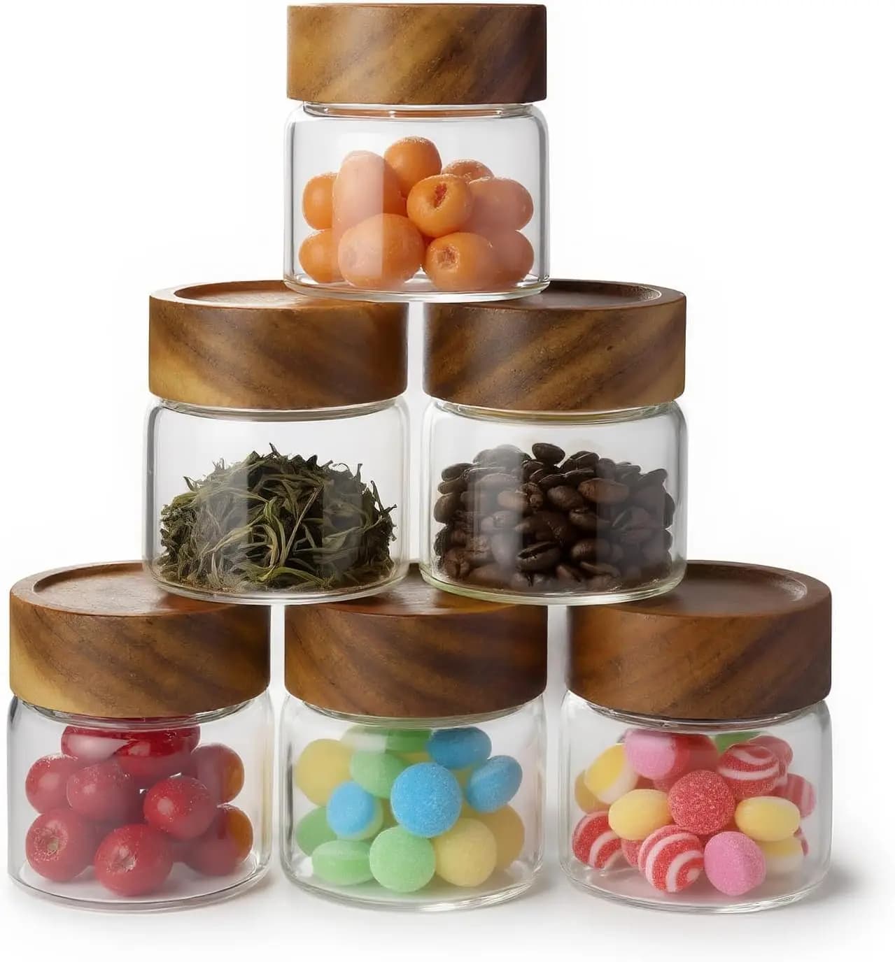 Set di 6 Barattoli Ermetici da 177 ml con Coperchi in Legno di Acacia - Contenitori in Vetro per Preparazione Pasti, per Overnight Oats e Conservazione Snack