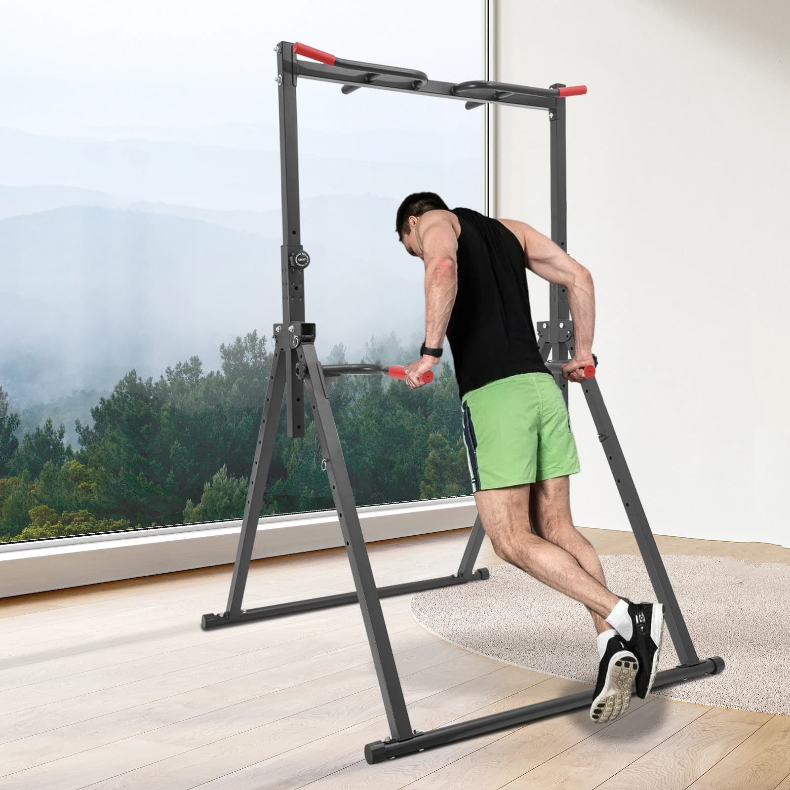 Foldable Training Tower with Traction Bar and Dip Station, Height Adjustable, For Strength Training, Self-Portor for Home Gym and Fitness