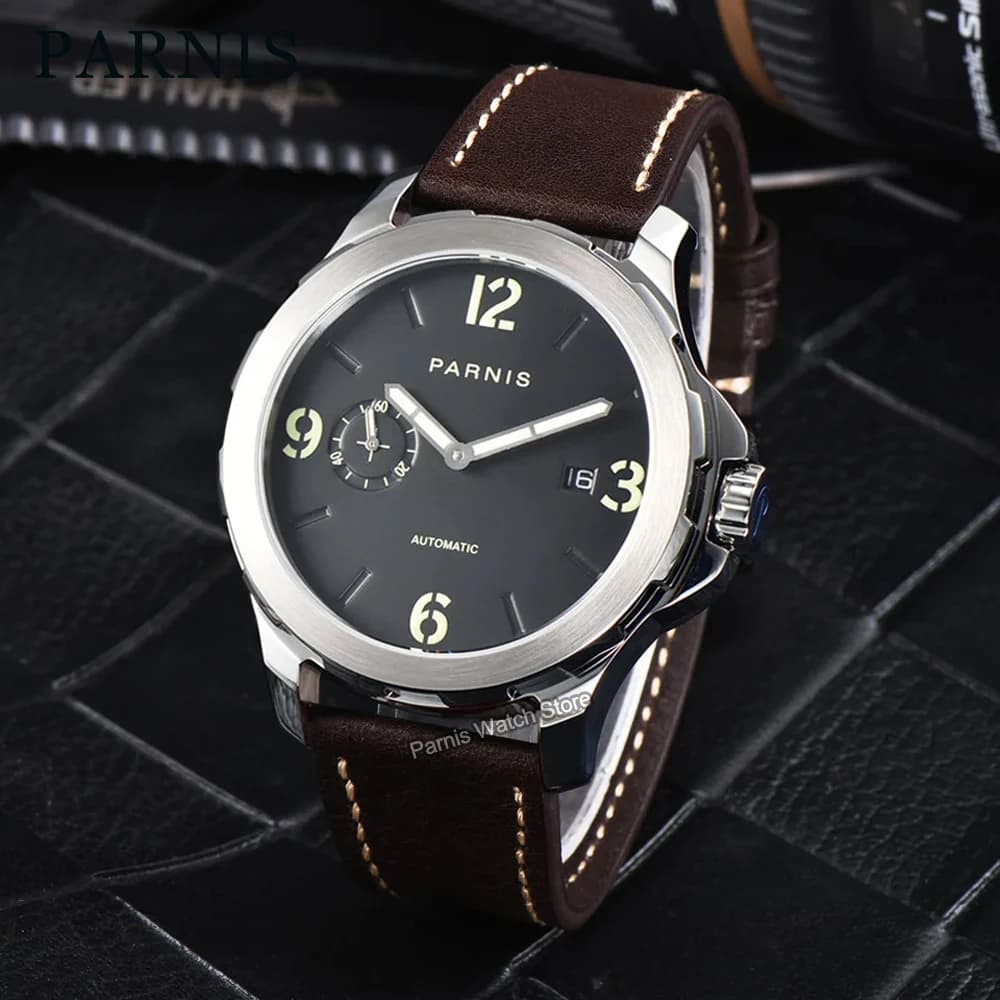 Orologi Meccanici Parnis 44mm, Orologio da Polso Automatico Casual da Uomo, Vetro Zaffiro, 5 Bar, Cinturino in Pelle, Indicatori Luminosi