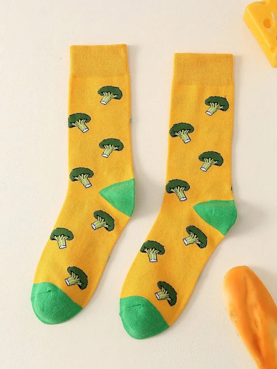 Broccoli Print Socks For Adults Yellow Green Casual Cotton Blend