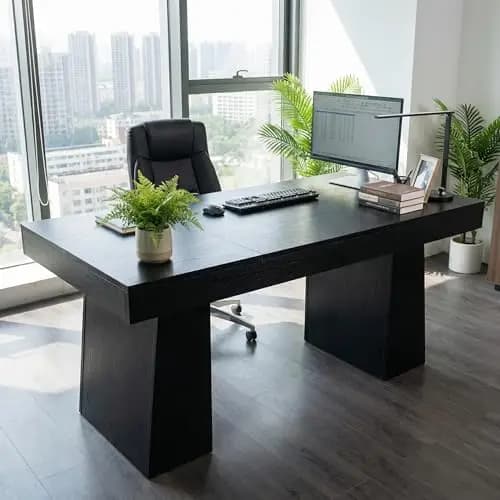 Scrivania Direzionale in Legno Nera da 55 Pollici con Gambe Trapezoidali Doppie, Stile Mid-Century Modern, Postazione di Lavoro per Ufficio, Tavolo per Computer
