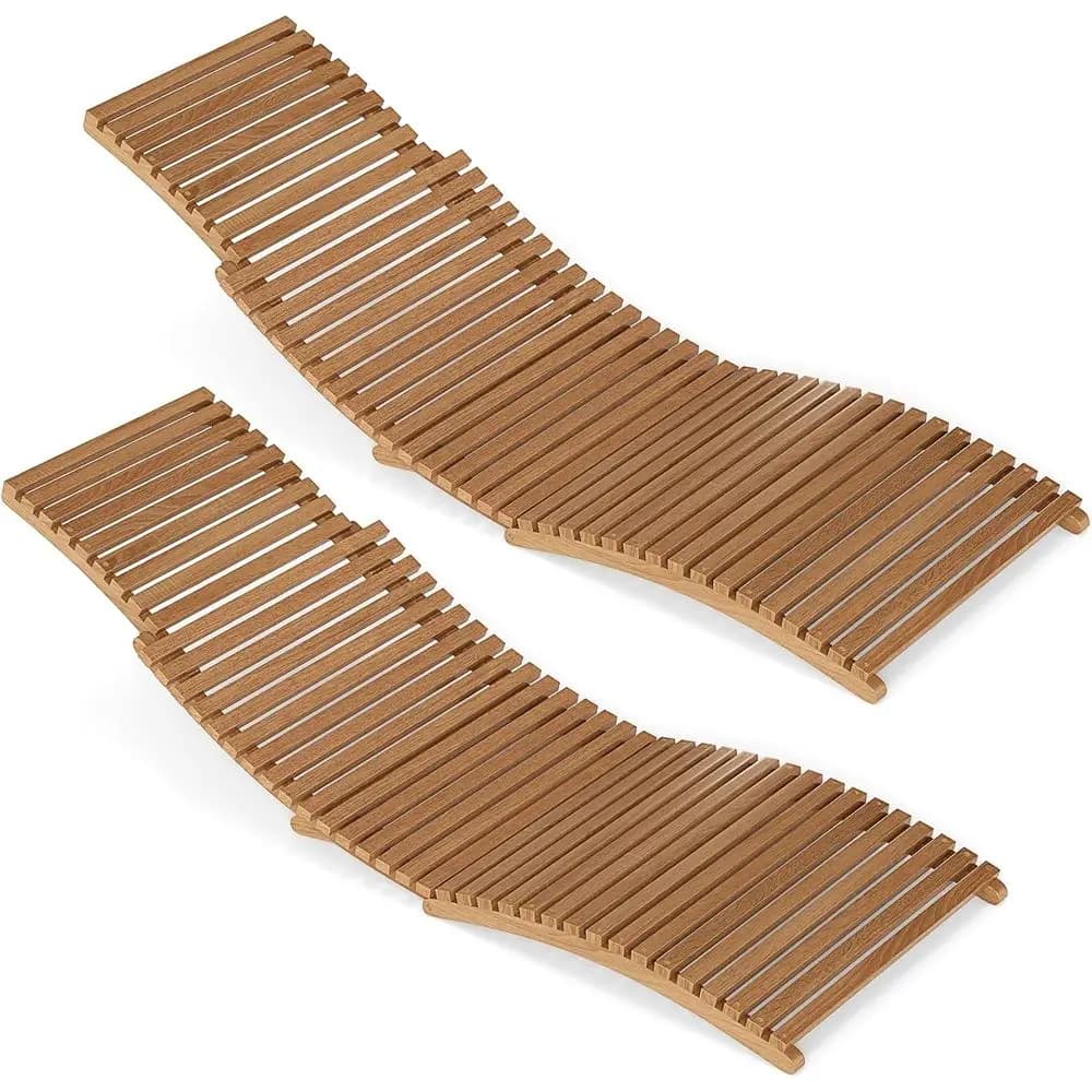 Outdoor Wooden Lounge Chairs, Teak Slatted Seat, Portable Low-Profile Sun Loungers for Poolside, Backyard, Porch, Beach (Set of