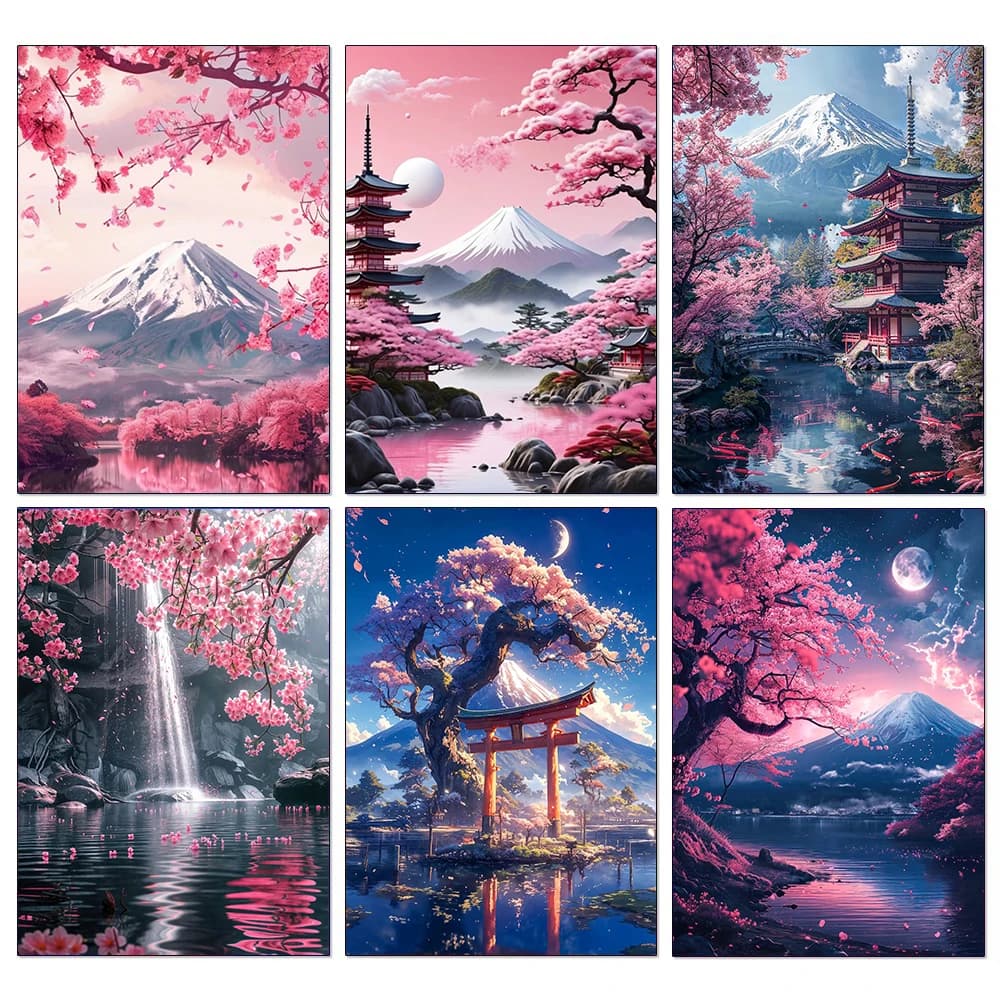 Japanese Cherry Blossoms At Mount Fuji Diamond Painting DIY City Travel Picture Mosaic Cross Stitch Art Home Room Decor Gift