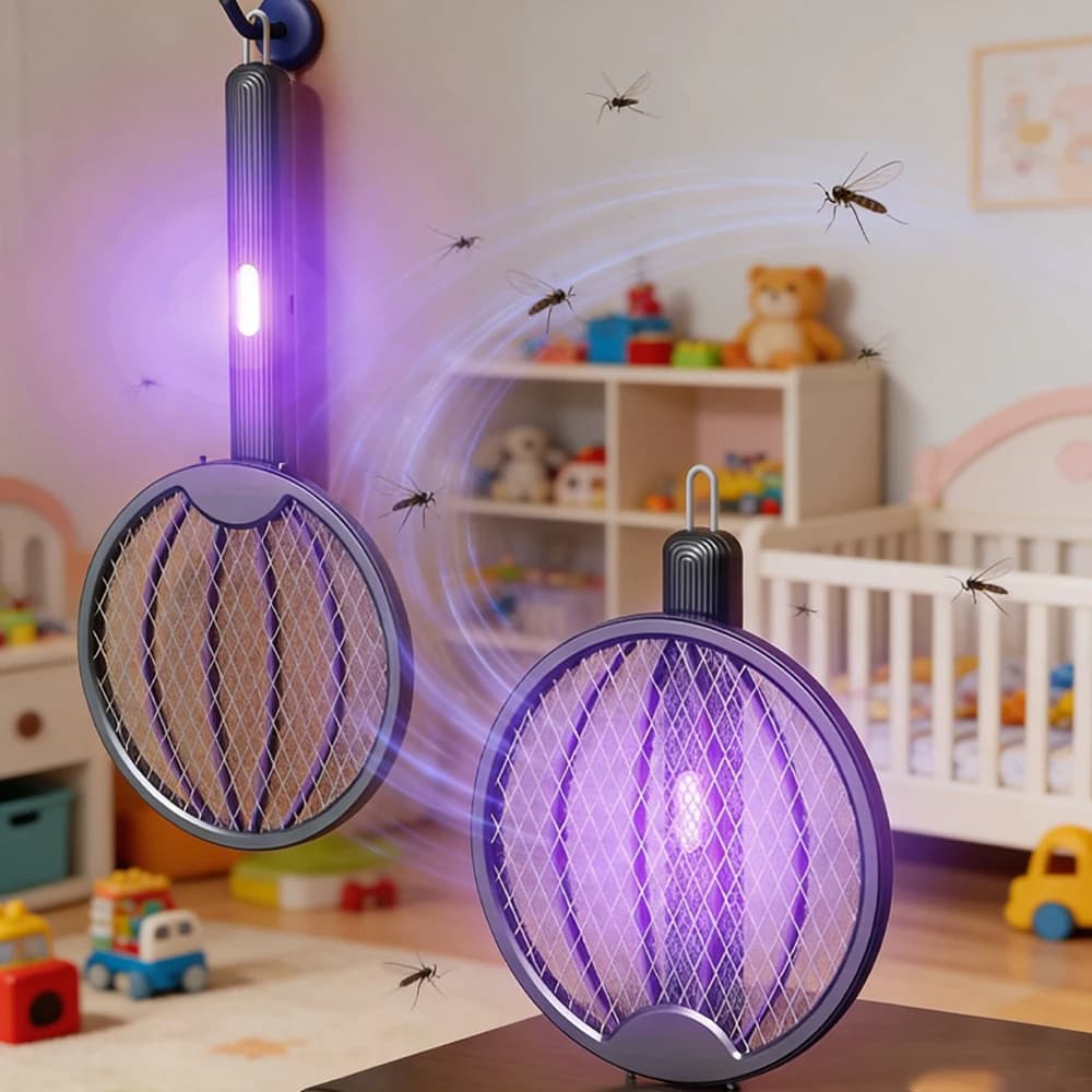 Racchetta Elettrica Pieghevole 3-in-1 per Zanzare, Lampada Anti-zanzare Ricaricabile, Racchetta Elettrica da Parete