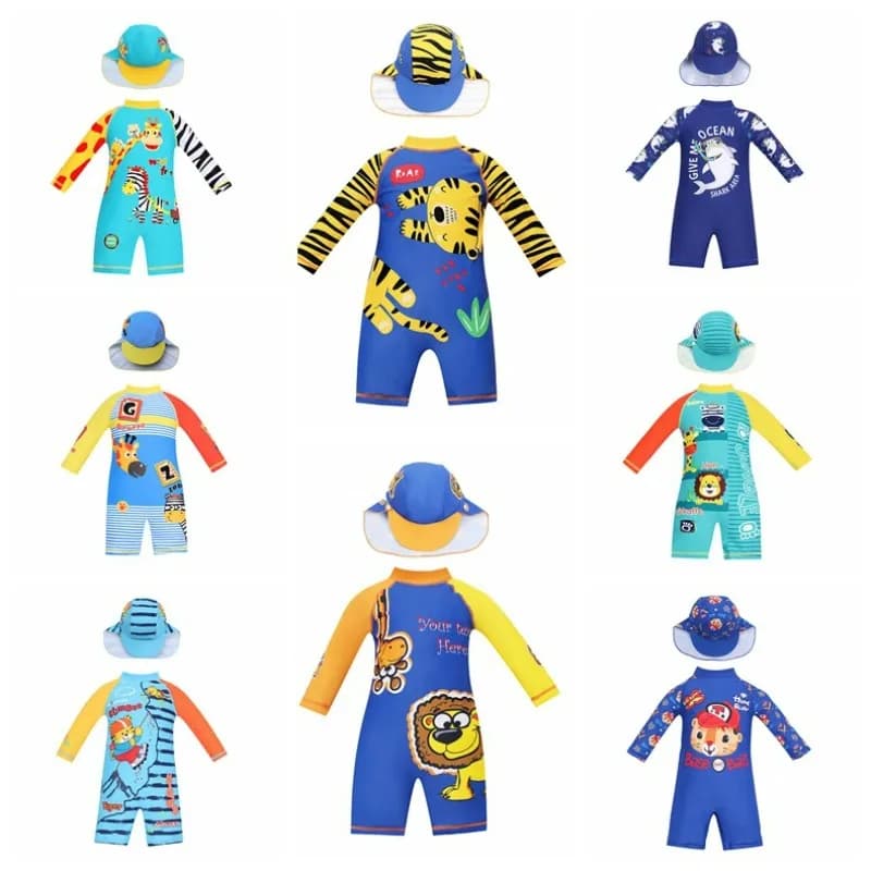 Summer swimsuit for children 2026, new cartoon bathing suit with hood for babies and children, ideal for the beach
