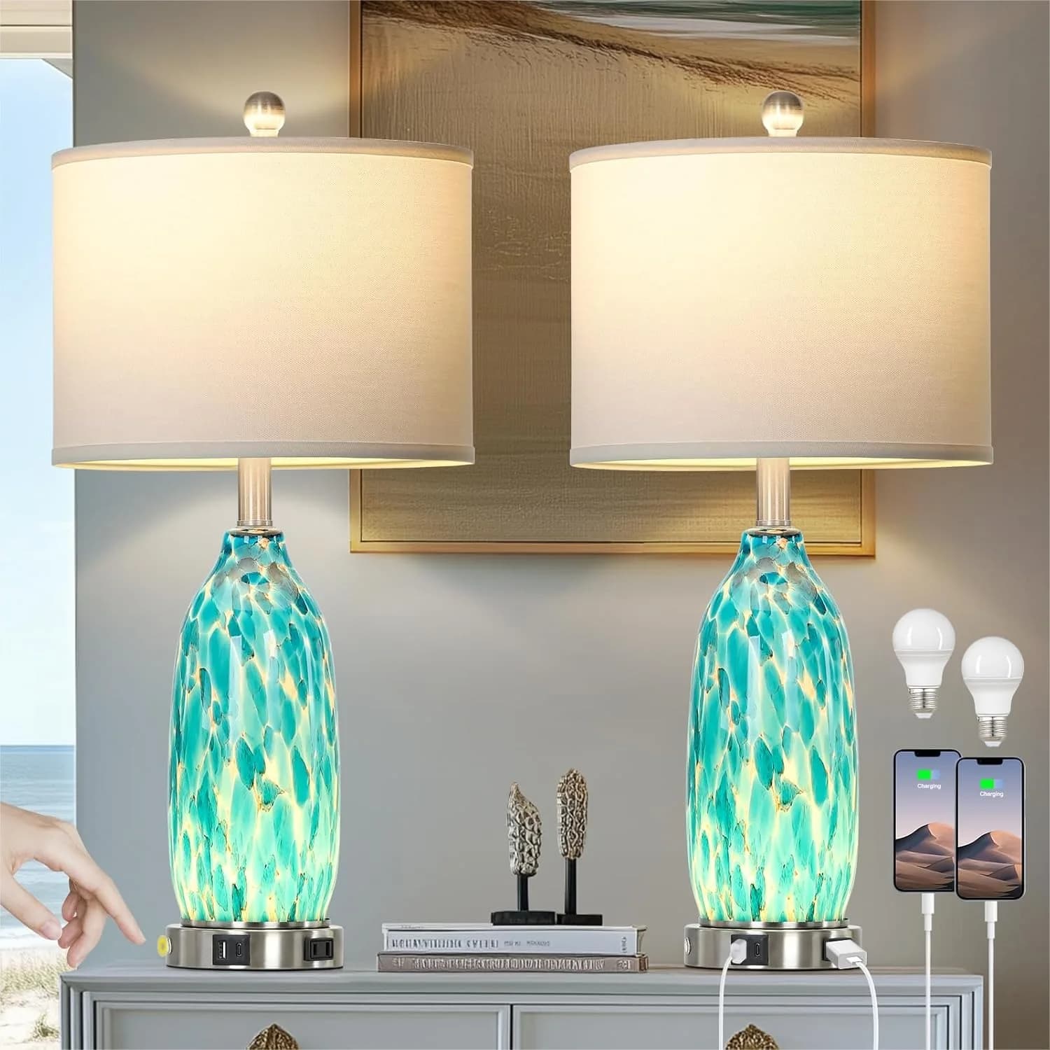 Set di 2 Lampade da Tavolo in Vetro Verde Pavone, Lampade da Comodino Nautiche con Porte USB e Presa AC, Luce Notturna con Controllo Touch