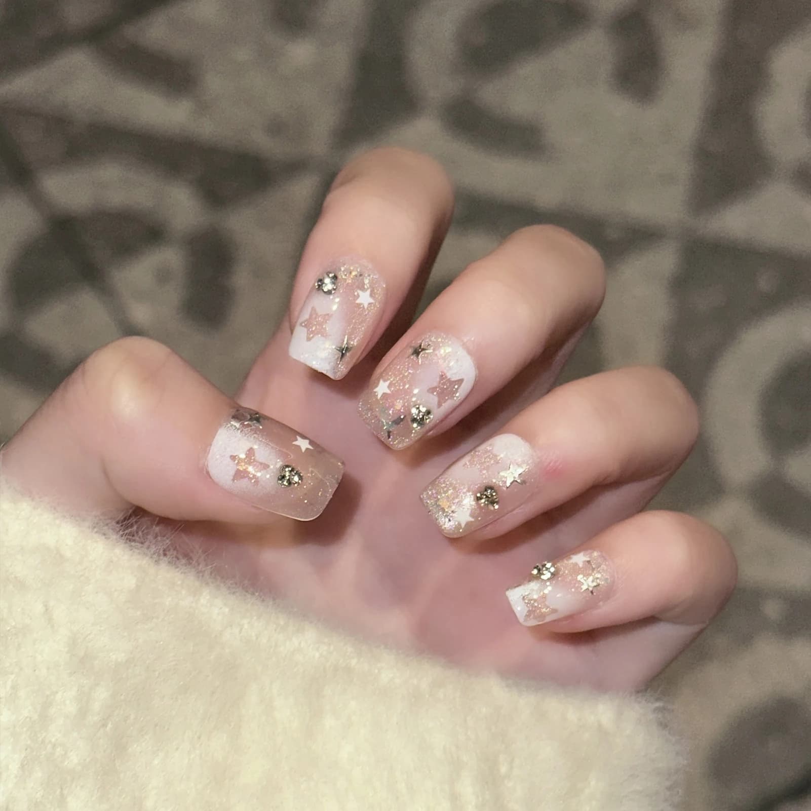 10 pezzi unghie finte quadrate corte con stampa stella/fiore/fragola stampa naturale fatta a mano sulle unghie per feste matrimoni nail art fai da te