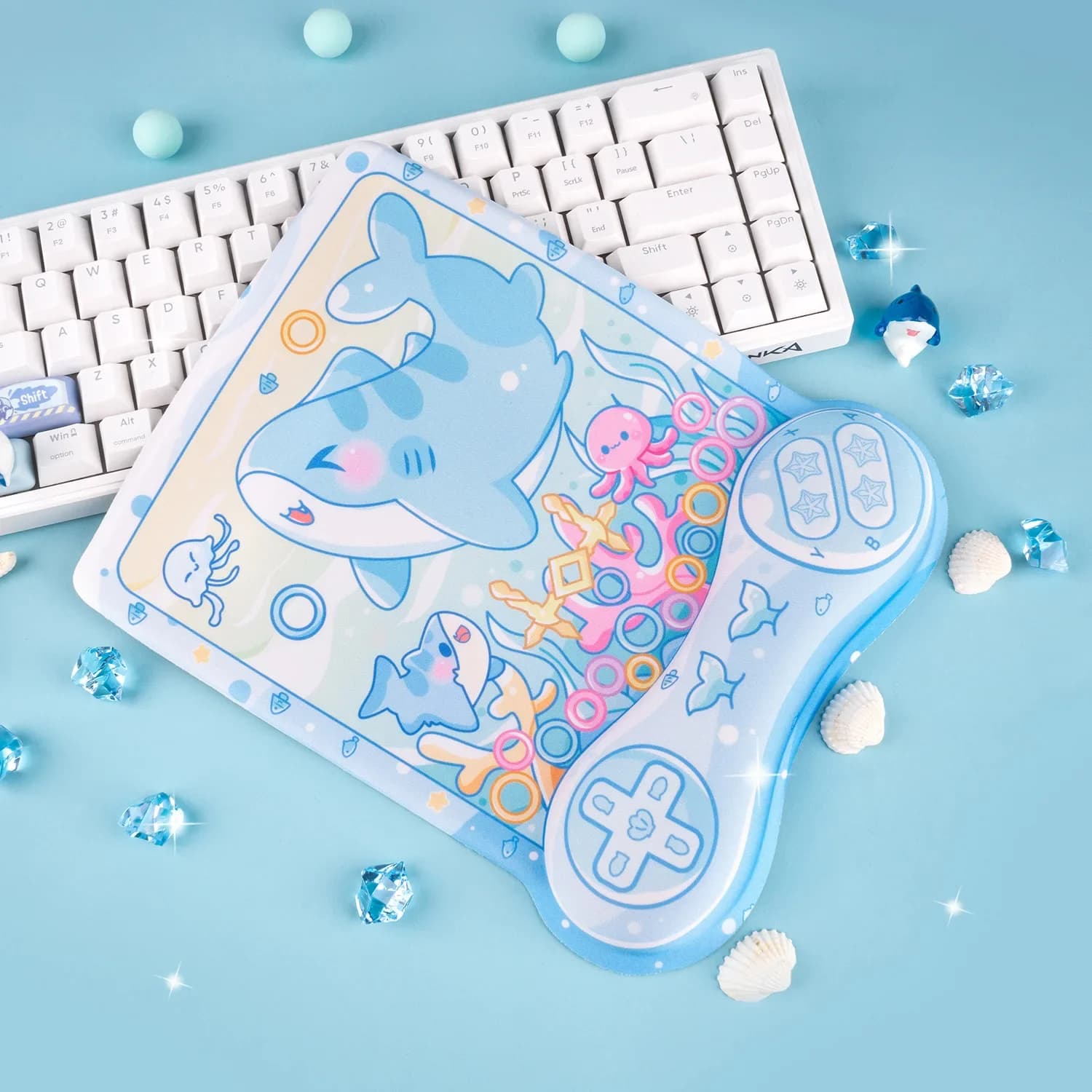 Tappetino per mouse simpatico squalo con supporto per il polso Tappetino per scrivania morbido e antiscivolo decompressa Tappetino per tastiera ergonomico per mouse da tavolo Kawaii