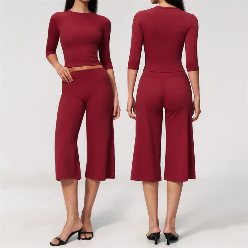 TRY TO BN 2 Piece Gym Set Mid Sleeve Crop Top Tummy Control High Waist Leggings Wide-Leg Fitness Breathable Yoga Outfits Workout