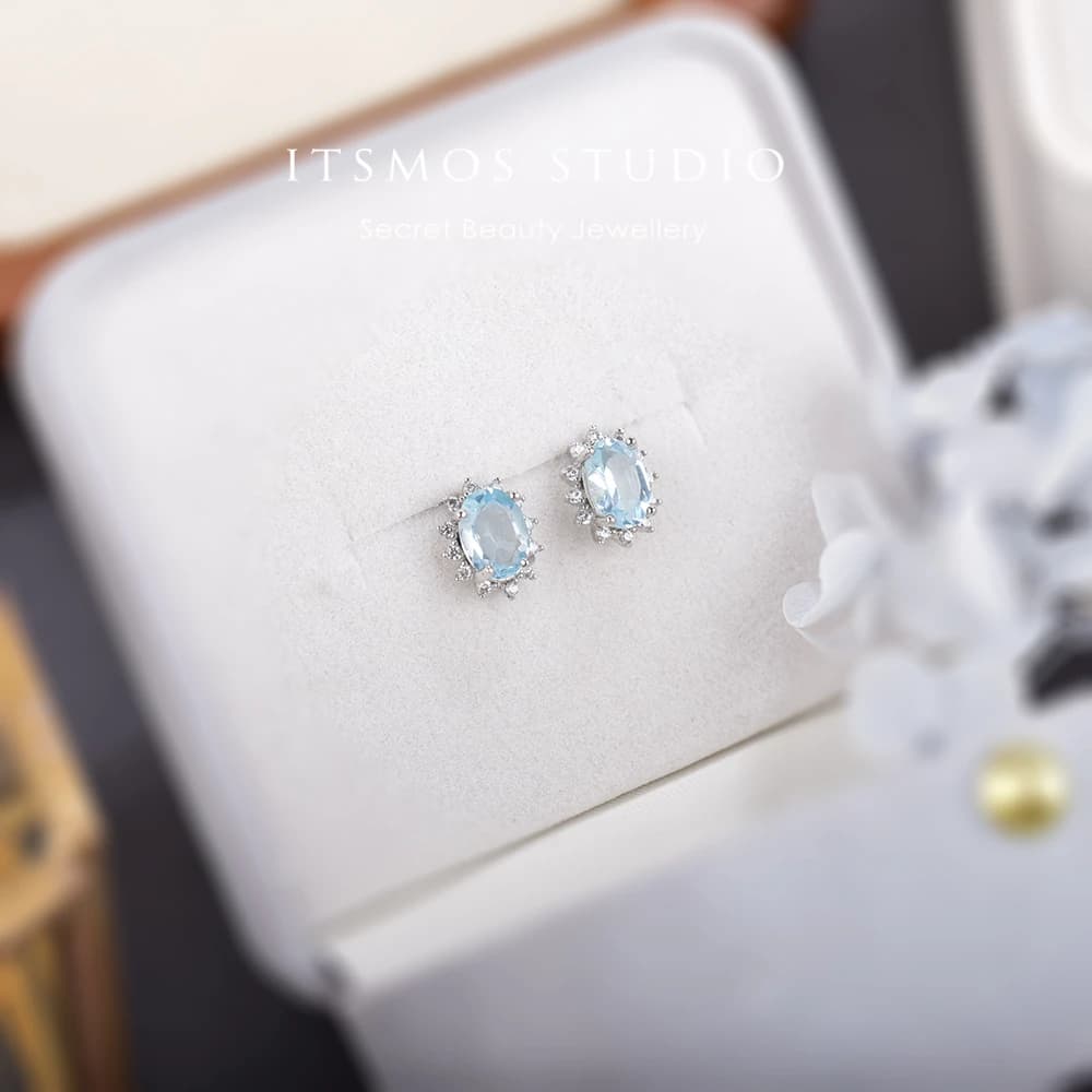 ITSMOS Natural 1.4ct Ocean Blue Topaz Oval Pave CZ Earrings silver post Gemstone Studs Earring Lover Jewerly for Women Gift