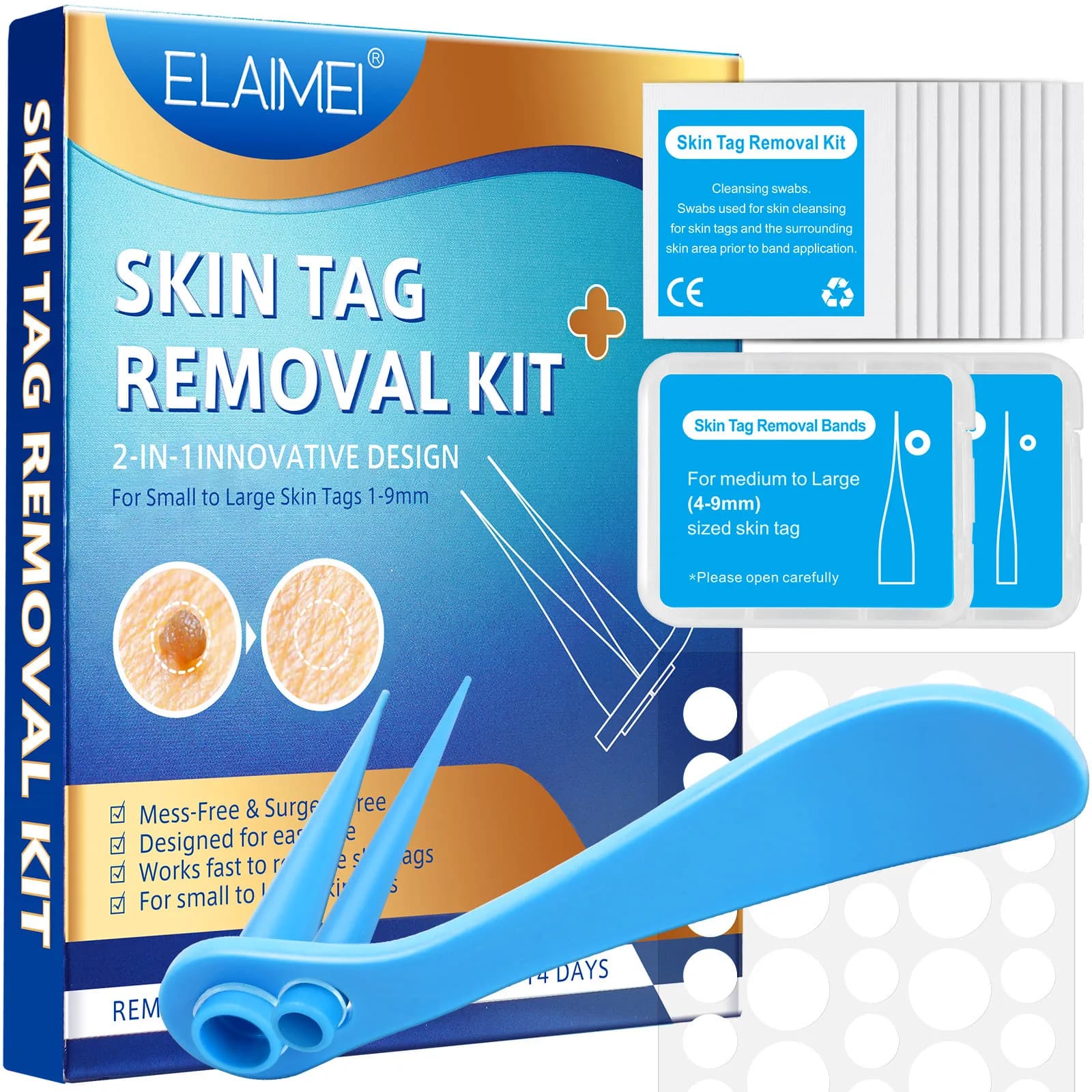 Kit per la rimozione di verruche, nei e macchie cutanee, con microstrisce e strumento automatico per la rimozione di nei, con salviette detergenti
