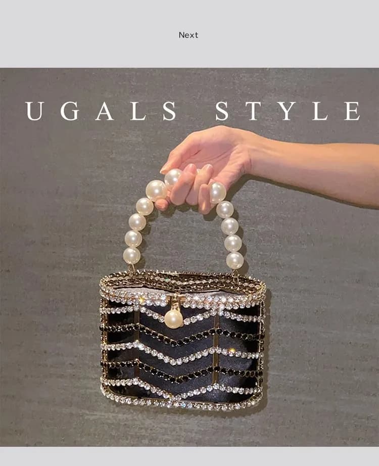 Borsa da donna con perline di perle di lusso con gabbia in metallo scavata, strass lucidi in cristallo, borsa da sera con diamanti, pochette per festa di nozze pura