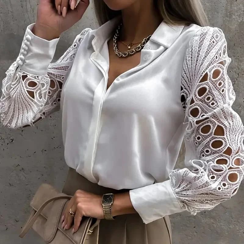 Camicetta da donna bianca sexy in pizzo scavato Autunno Primavera Top nero Camicie vintage con bottoni Top a maniche lunghe