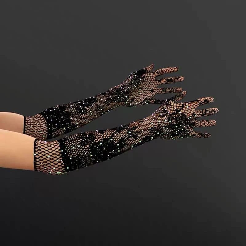 Guanti elastici con strass a rete da pesca nera sexy Guanti da ballo da discoteca con diamanti scintillanti in rete di pizzo Accessori