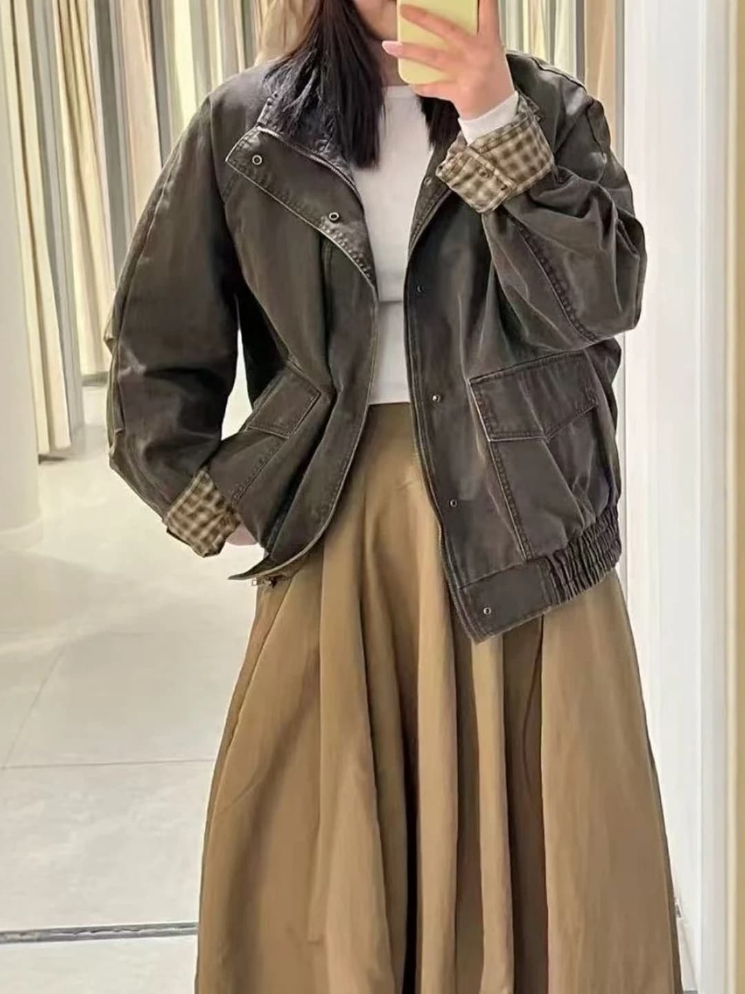 American Retro Logging Workwear Wax Leather Effect Plaid Washed out Jacket Women's Loose Fit Long Sleeve Regular Length Coat