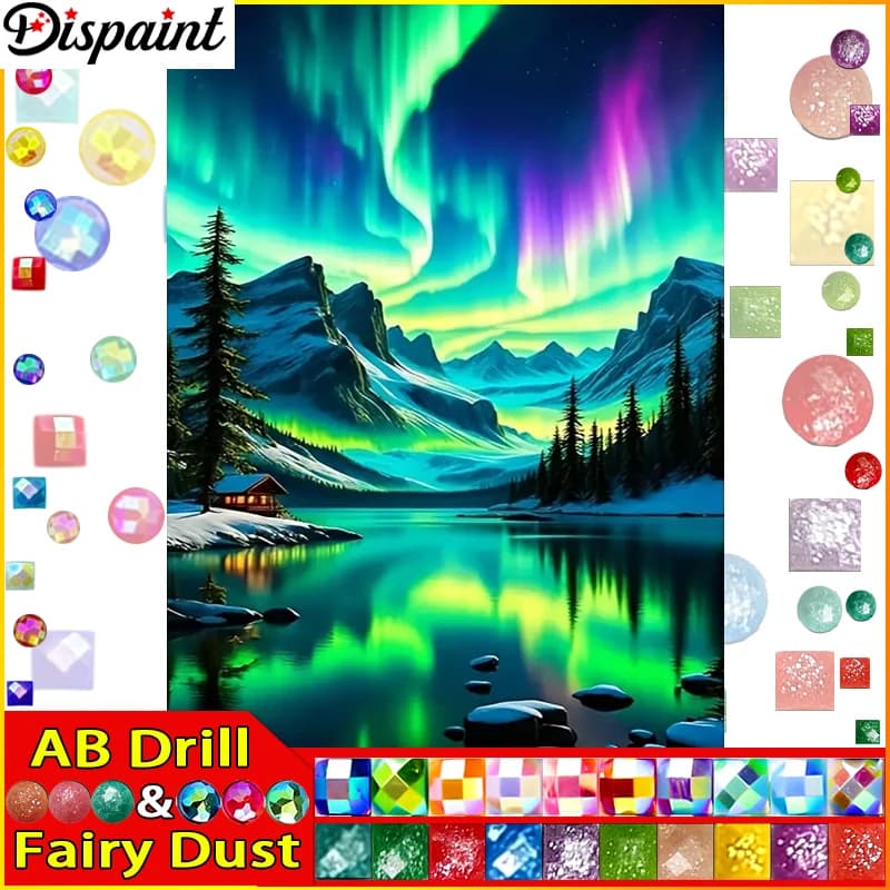 Dispaint Fairy Dust AB 5D Diy Diamond Painting Cross Stitch "Aurora Mountain Tree" Home Decor Full Diamond Embroidery