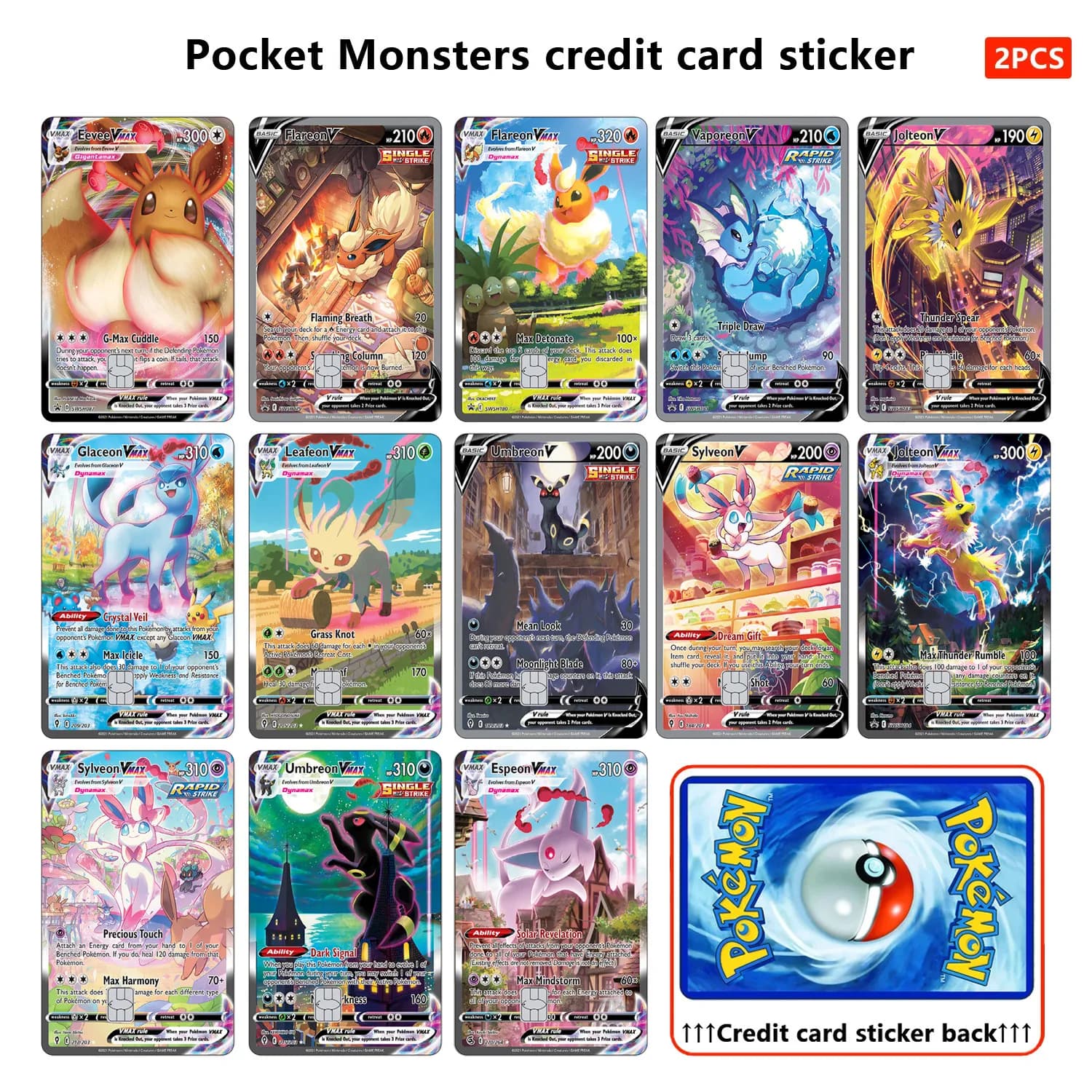 Adesivi per carte di credito PTCG Adesivo serie Eeveelution per carte di credito VISA Debit Abbellisci la decorazione Nessun residuo adesivo
