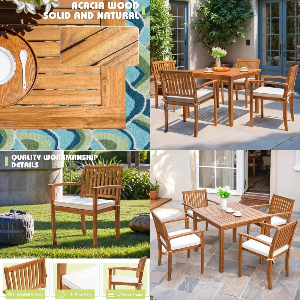 Set da pranzo per esterni in 5 pezzi, tavolo e sedie da patio in legno di acacia con cuscini, mobili da patio o per terrazza, cortile, giardino