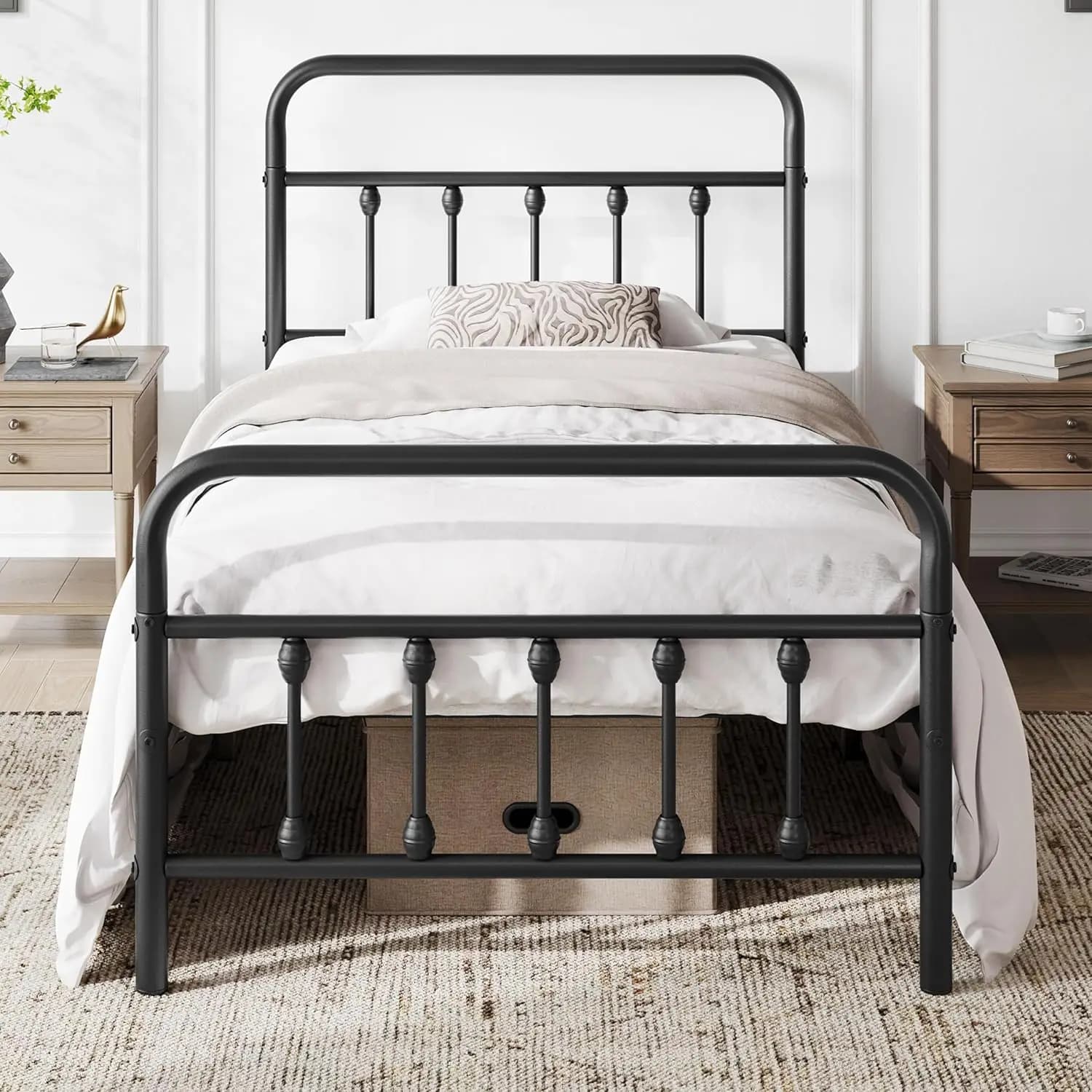 Classic Victorian bed frame with metal platform with container, double black size, without need of springs
