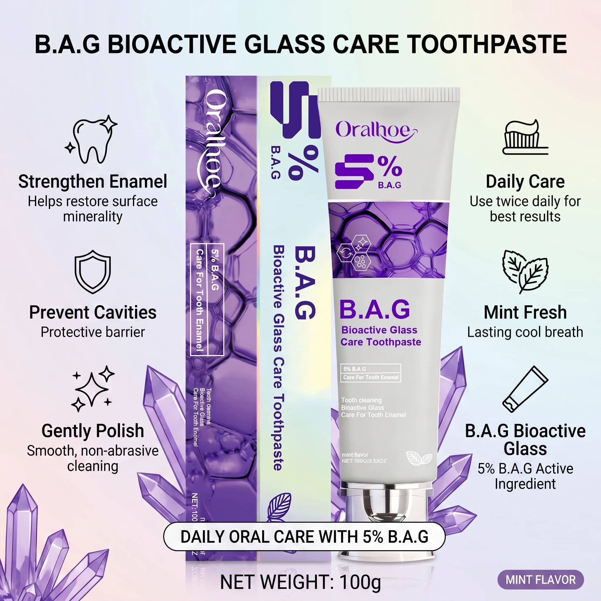 Dentifricio alla Menta B.A.G 5% per Pulizia Profonda, Riparazione dello Smalto, Alito Fresco, Rimozione della Placca, Sbiancante per Denti 100g