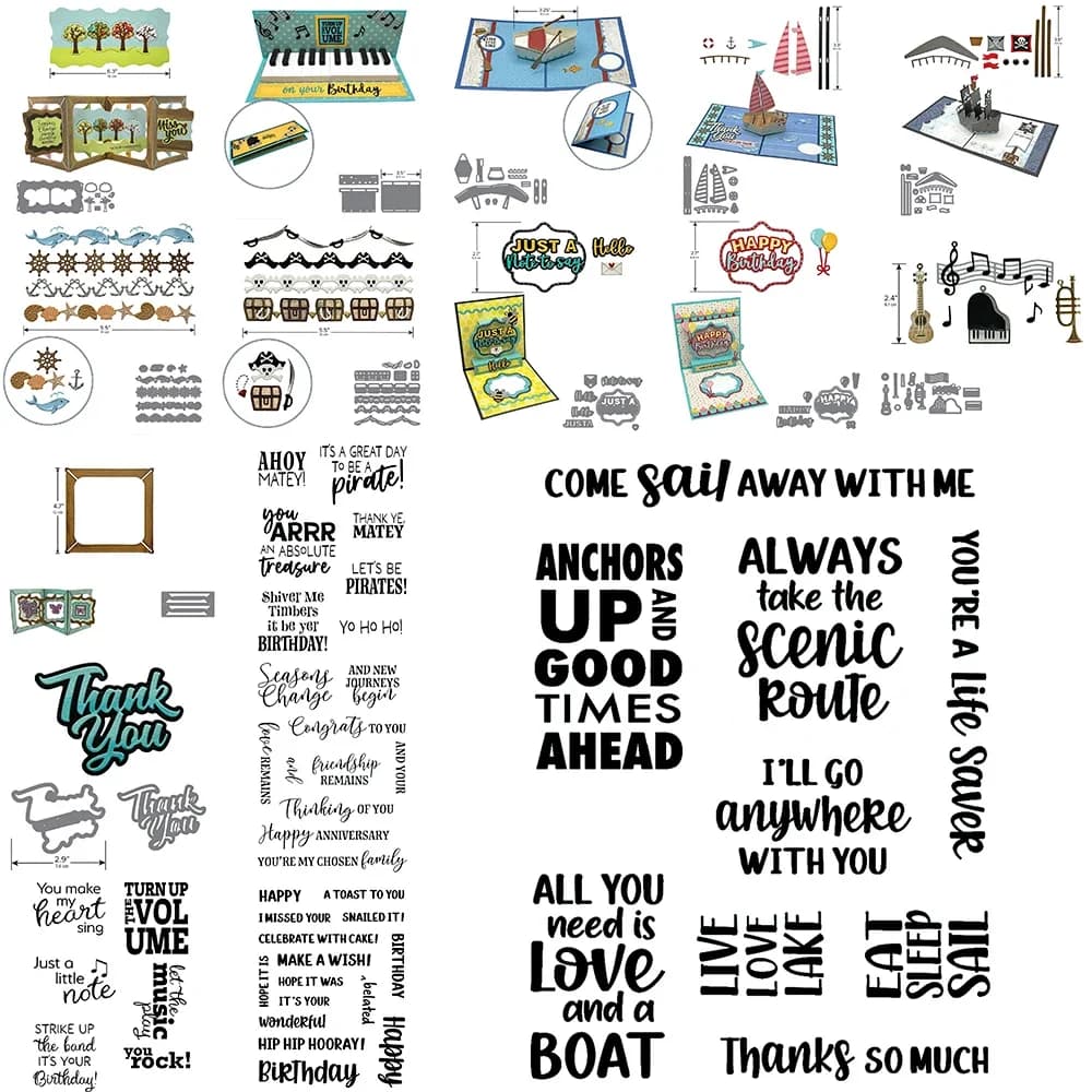 Keyboard Guitar Sailing Boat Anchor Border Cutting Dies YO HO HO GOOD TIME Warm Words Clear Stamps for DIY Birthday Paper Cards