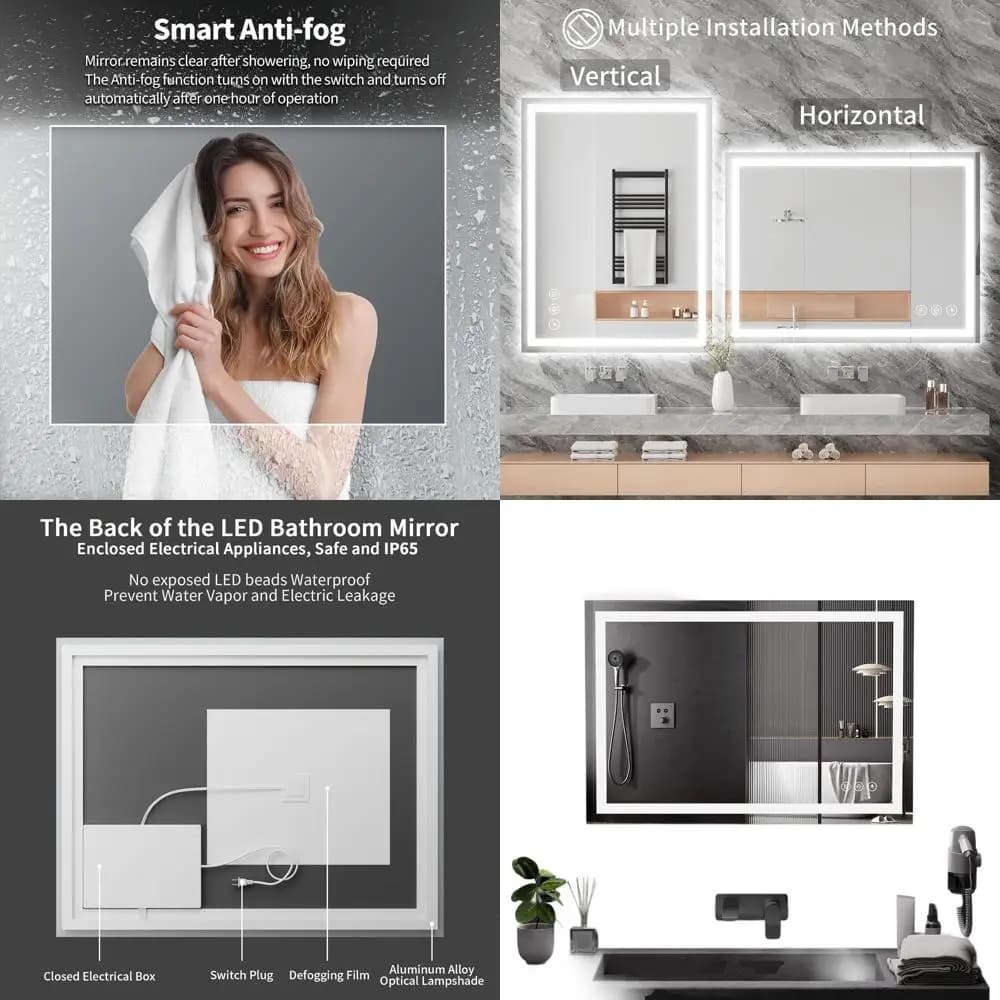 Specchio cosmetico LED antiappannamento, 38x26, 90CRI, illuminazione anteriore e posteriore, infrangibile, facile installazione, bagno moderno (IP65)