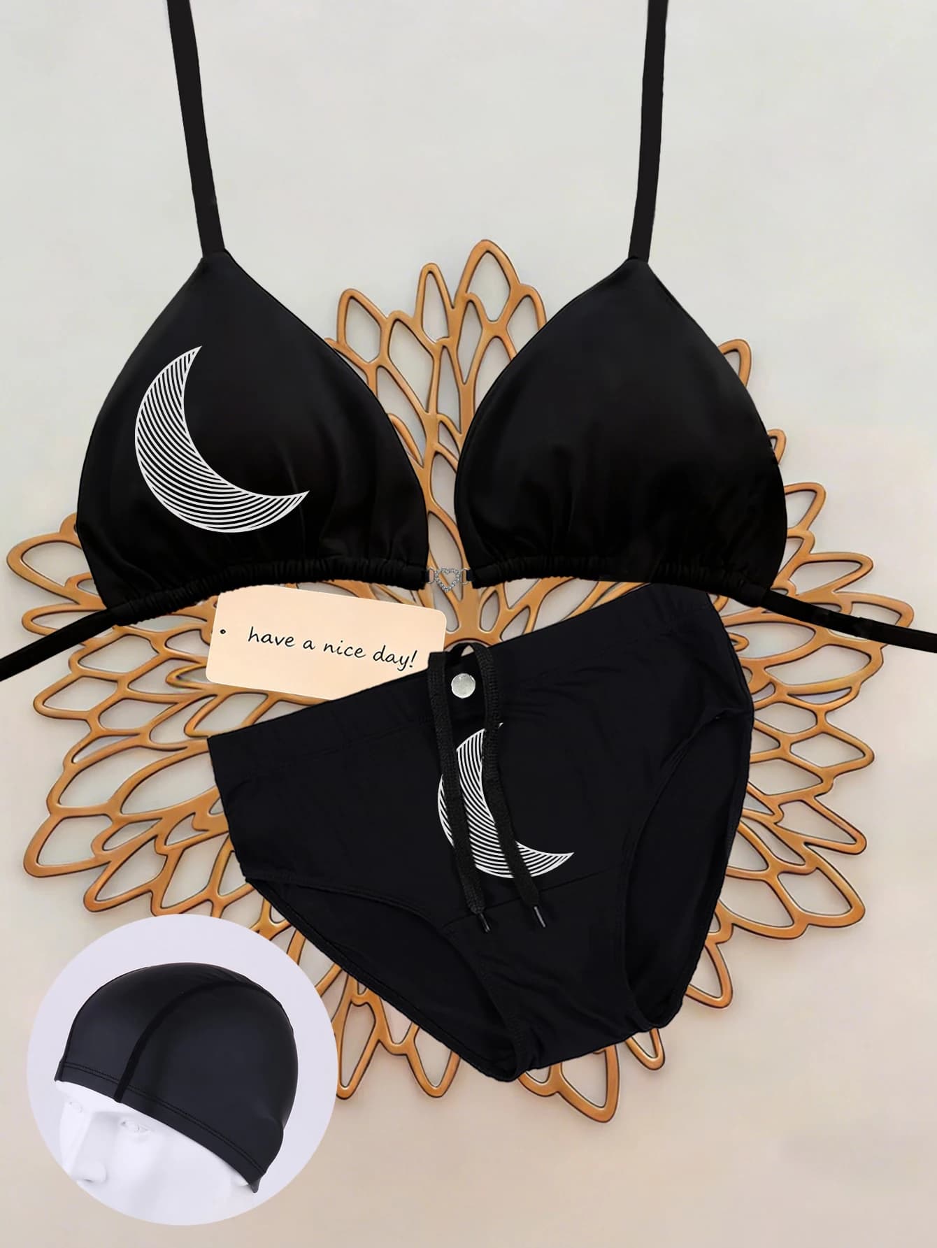 Women's bikini set, triangular top with American neck, sexy swim cap, bikini slip, 3 piece swim set on the beach