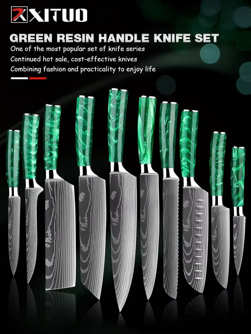 XITUO Set di 1-10 Coltelli da Cucina Professionali, Coltello da Chef Giapponese in Acciaio Damasco con Motivo Laser, Coltello Santoku per Affettare con Manico in Resina Verde