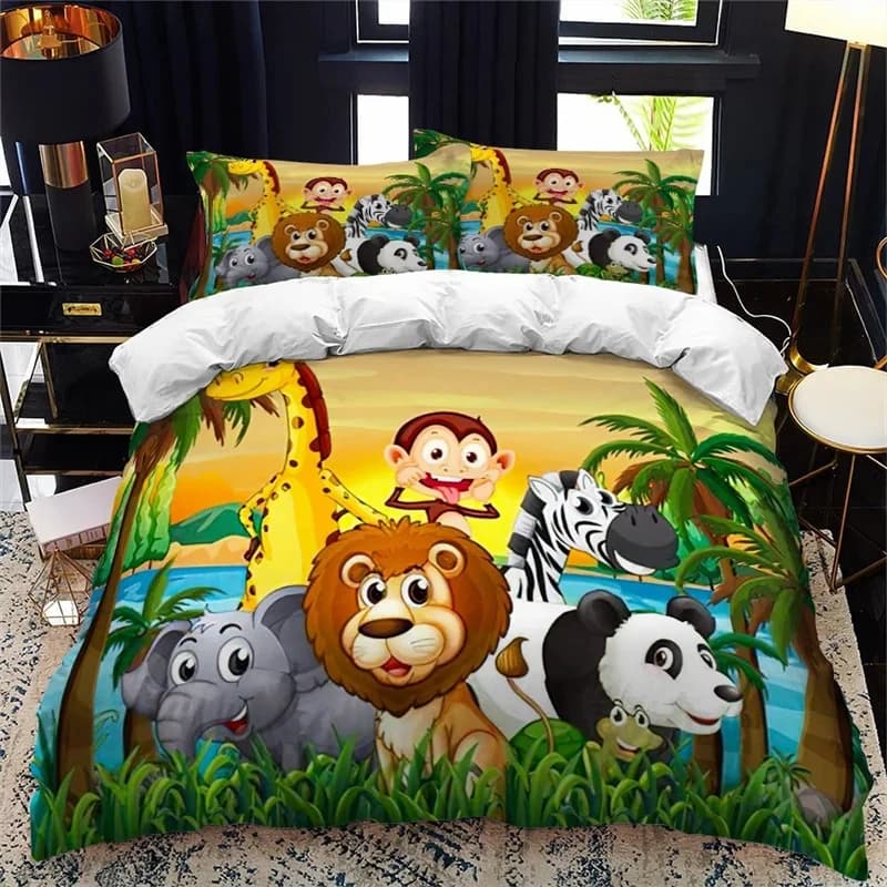 Copripiumino con animali dei cartoni animati Copripiumino a tema animali dello zoo Poliestere Simpatico set di biancheria da letto con leone scimmia giraffa Twin Full Queen King