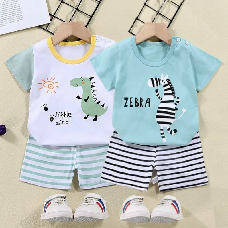 T-shirt in cotone + pantaloncini Set tuta in 2 pezzi Kid Cartoon Zebra Dinosauro Stampa Vestito estivo Bambini Ragazzi Ragazze Bambino 1-6 anni Vestiti